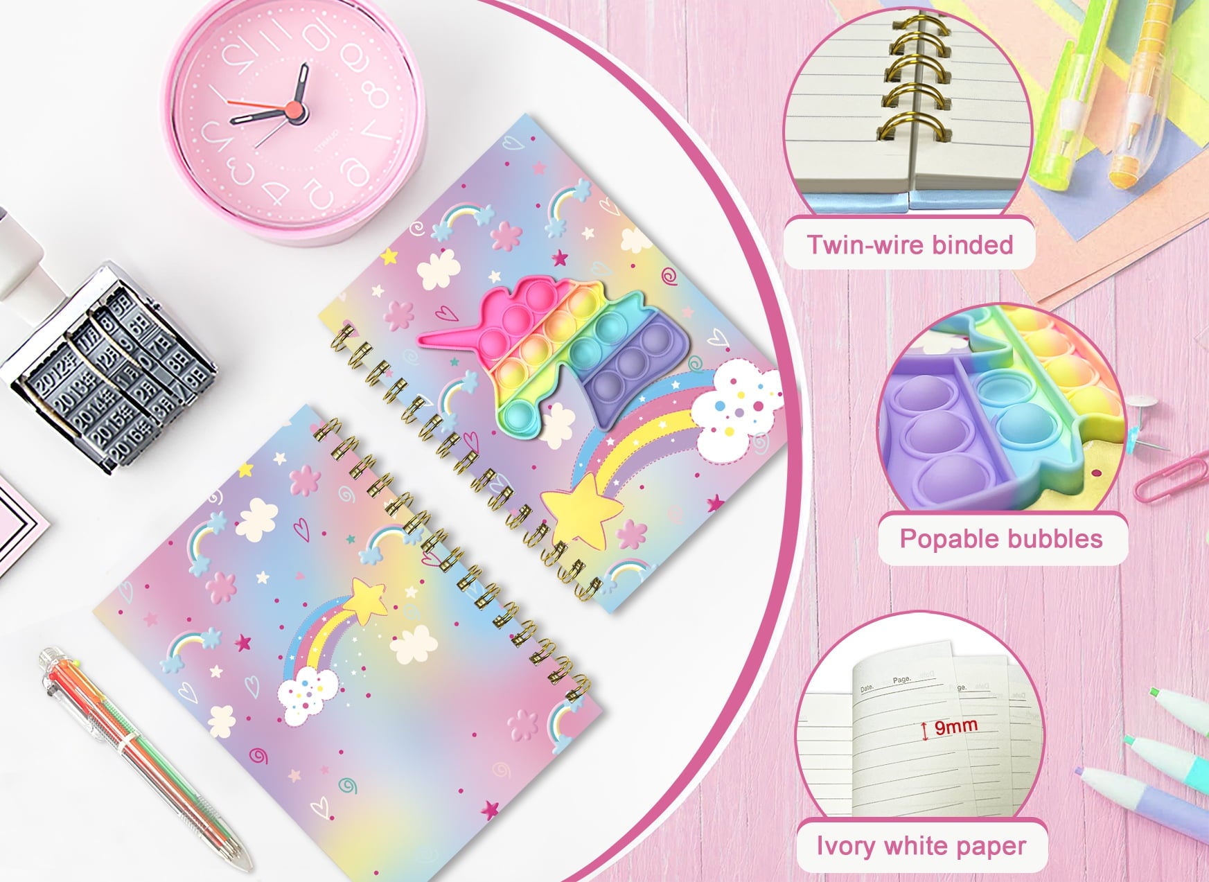 with Pen, 21x14.5cm 160 Lined Pages Unicorn Spiral Journal for Studnets with 6 Multicolor Pen Fidget Writing Birthday... - Image 3