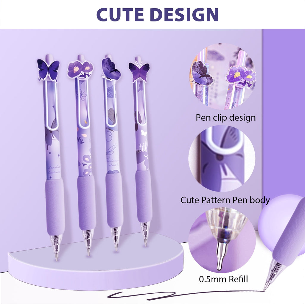 8 Pcs Purple Butterfly Pens Cute Retractable Gel Pens 0.5mm Black Ink Writing Pen for Women Men Pen Set Office Home S... - Image 4
