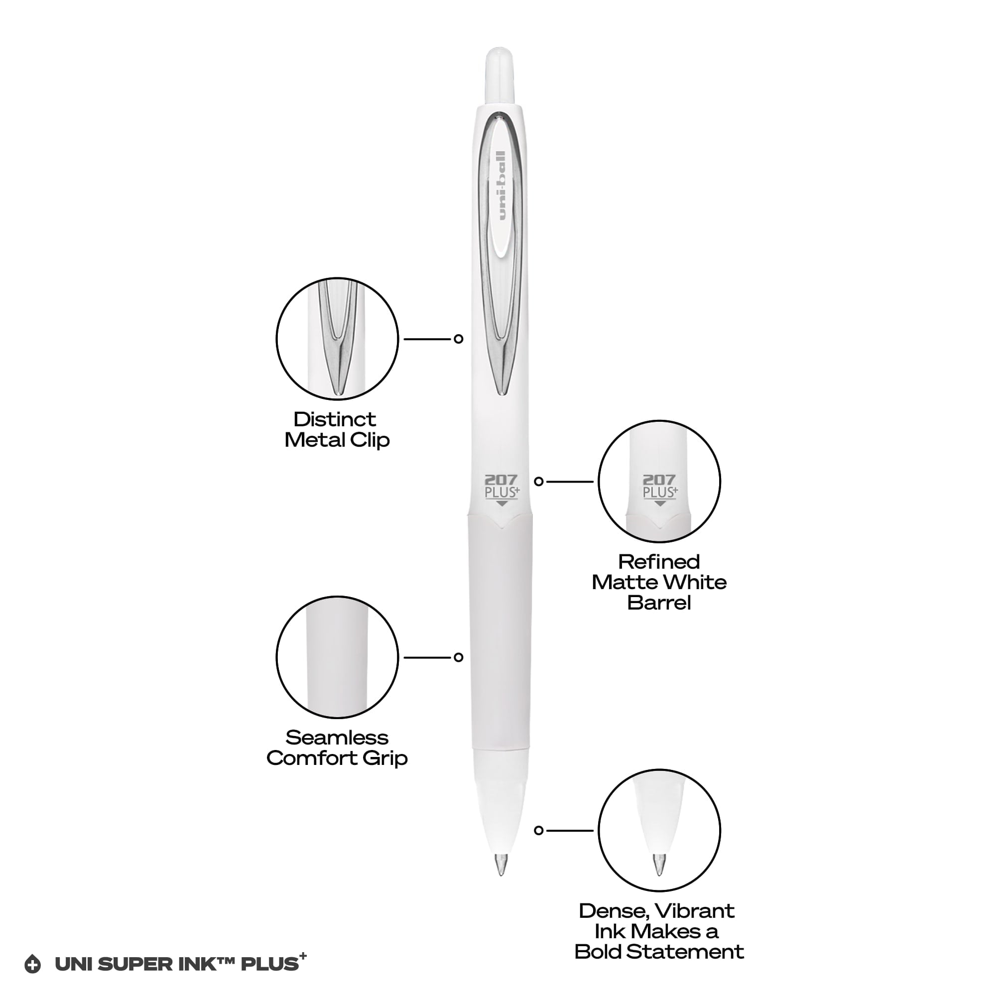 uniball™ 207 Plus+ Retractable Gel Pens, Medium Point (0.7mm), White Barrel, Black Ink. 4 Pack - Image 4
