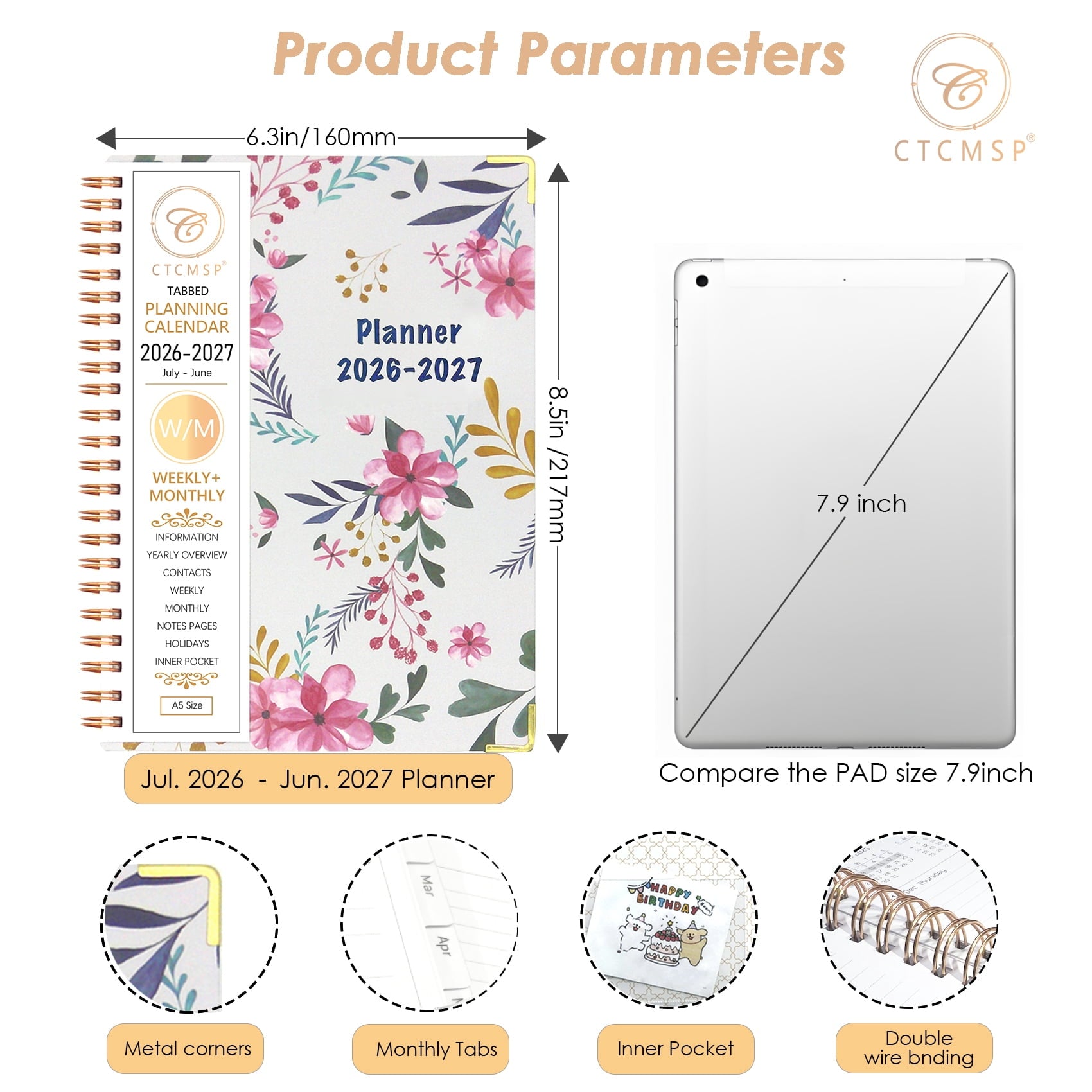 Academic Planner 2026-2027 Calendar Notebook(Jul.2026-Jun.2027,6.3"x8.5") Weekly Monthly Planner for Women Men 2026-2027 Planner Supplies-Fl - Image 5