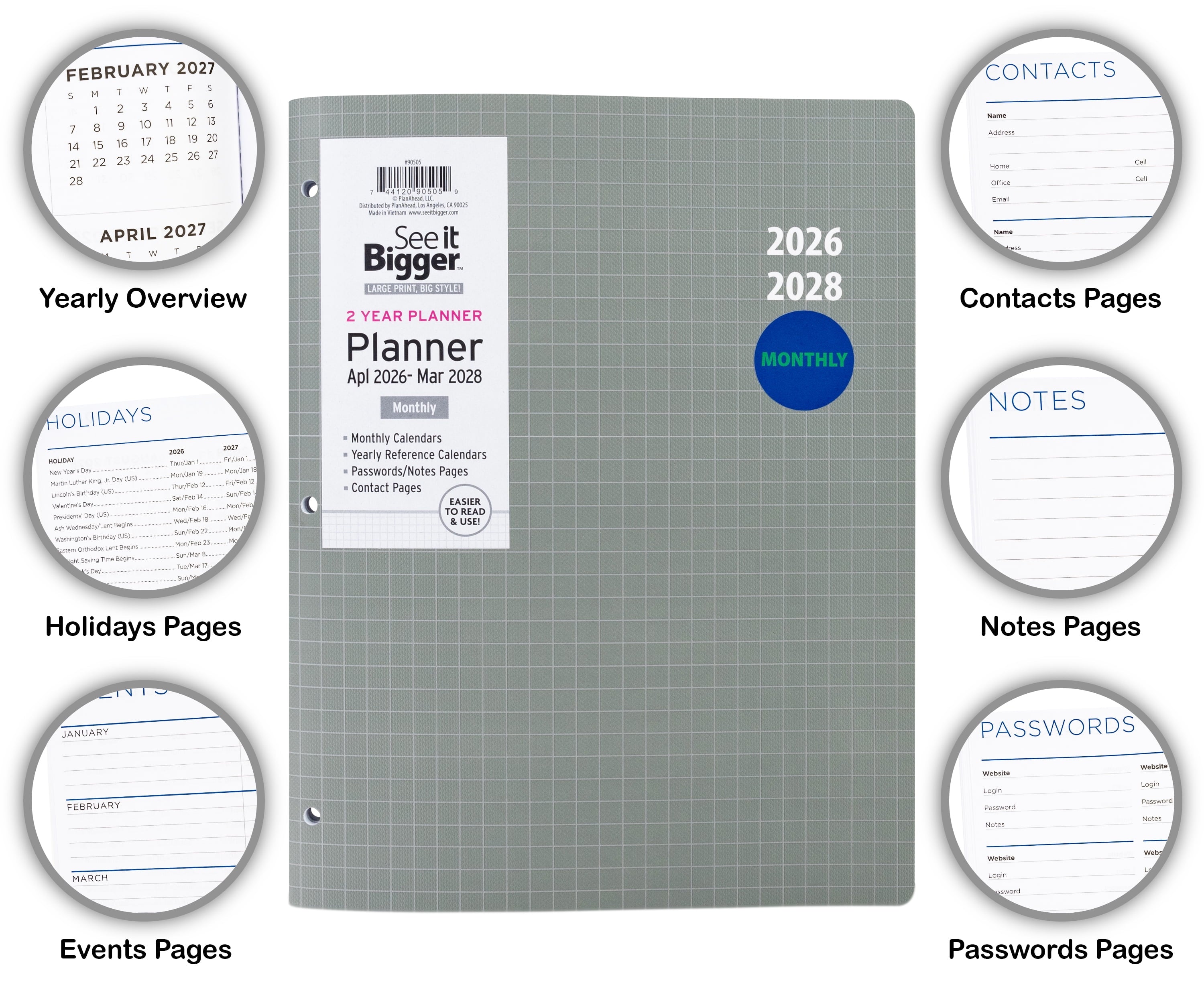 Monthly Planner, Large (8.5 x 11), Grey, 2-Year: Apr 2026 - Mar 2028 - Image 3