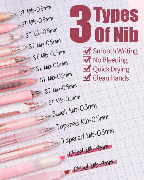 14Pack Pastel Gel Ink Pen Set,Cute Retractable 0.5mm Fine Point Pen,12 Pack Black Ink Pens with 2Pack Highlighter, Sm... - Image 2