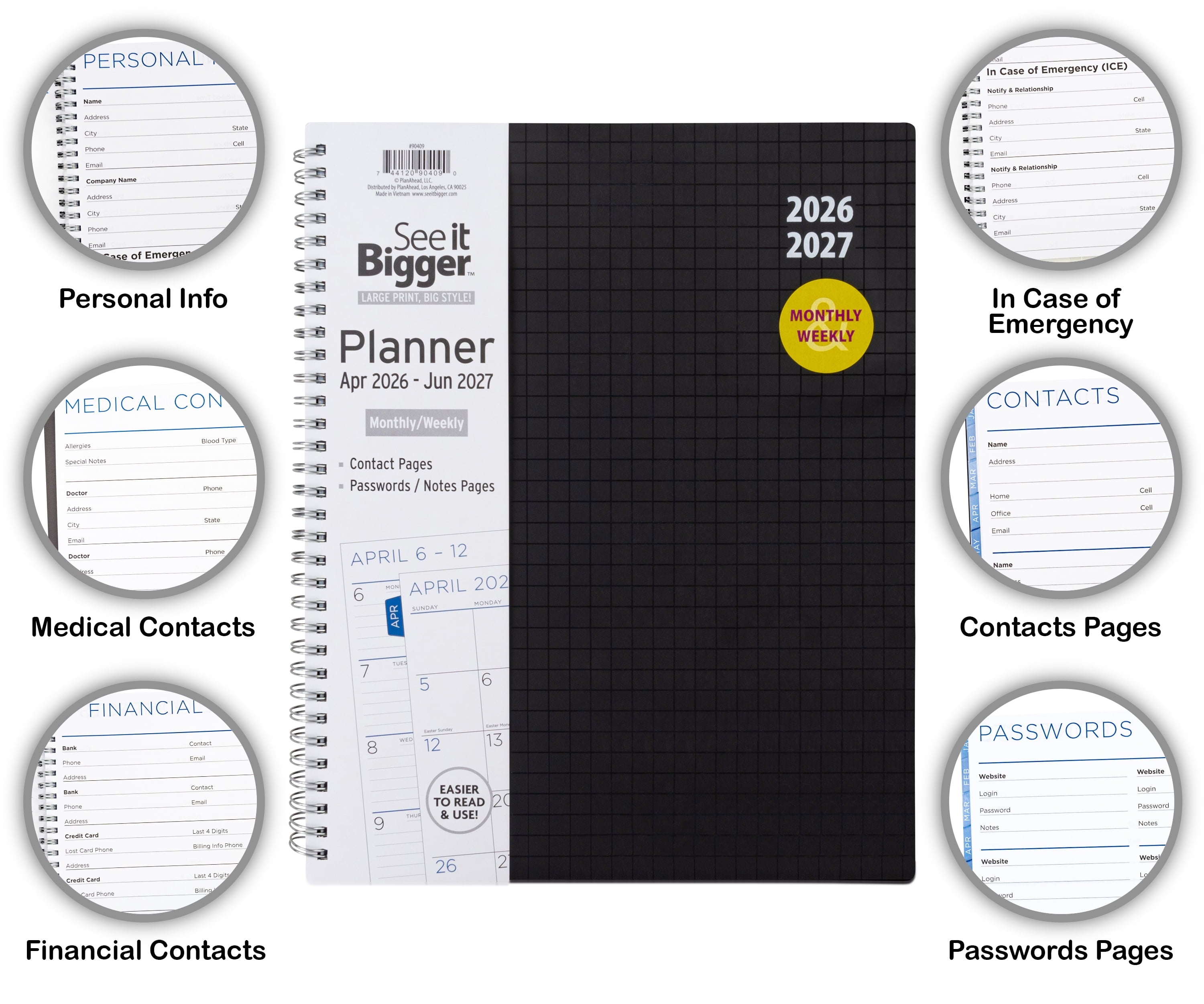 M/W Planner, Large (9" x 11"), Black, 15-Month: Apr 2026 - Jun 2027 - Image 3