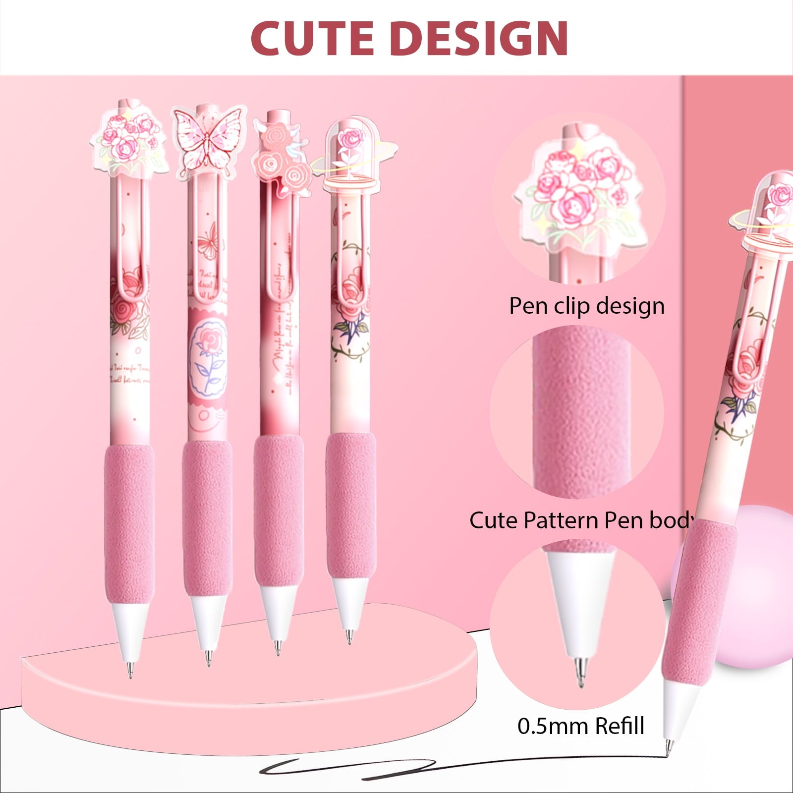 8 Pcs Pink Coquette Rose Butterfly Pens Cute Retractable Gel Pens 0.5mm Black Ink Writing Pen for Women Men Pen Set Office Home Supplies - Image 4