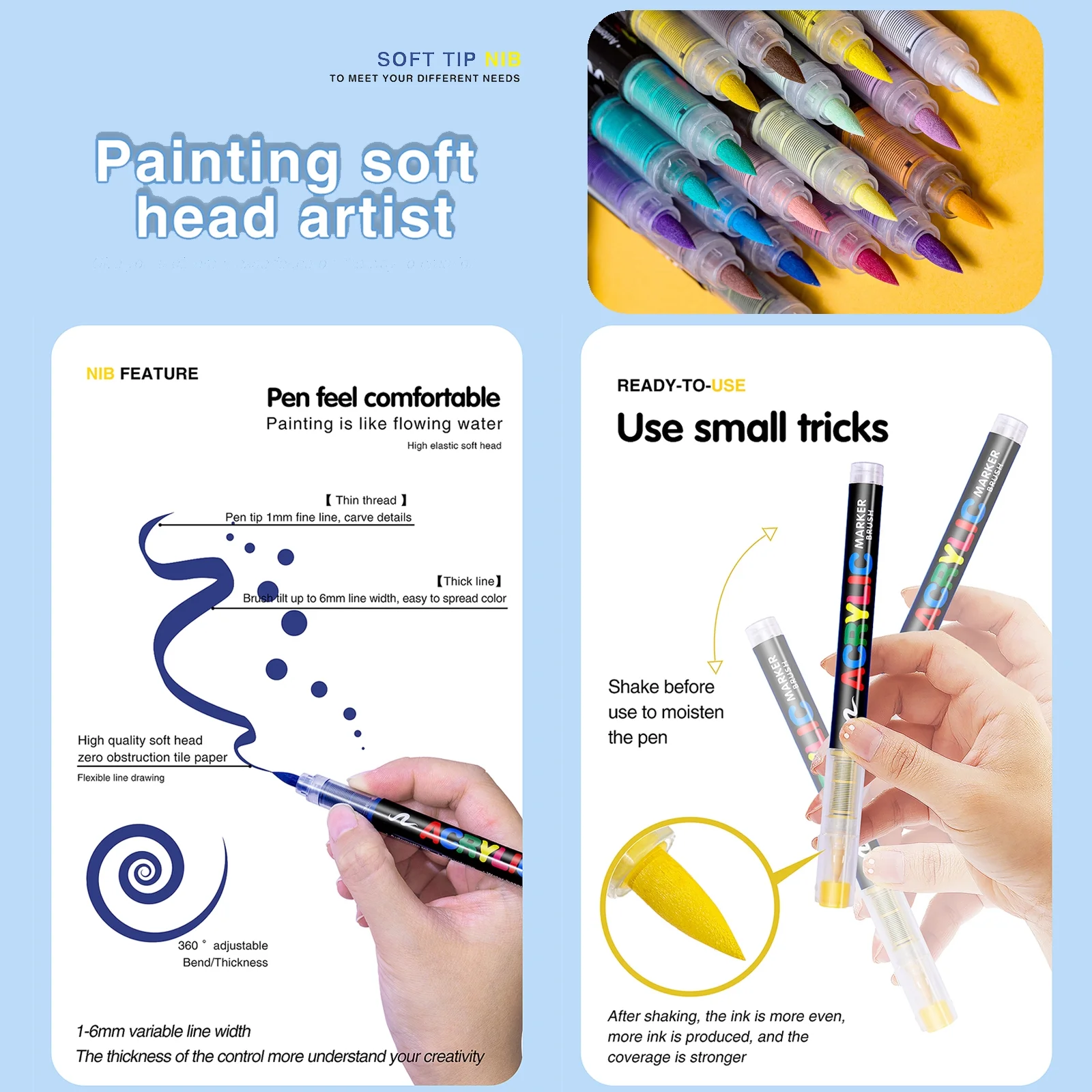 12 Colors Acrylic Paint Markers, Soft Brush Tip Acrylic Paint Pens,Quick-Drying Waterproof Acrylic Markers for Canvas... - Image 2