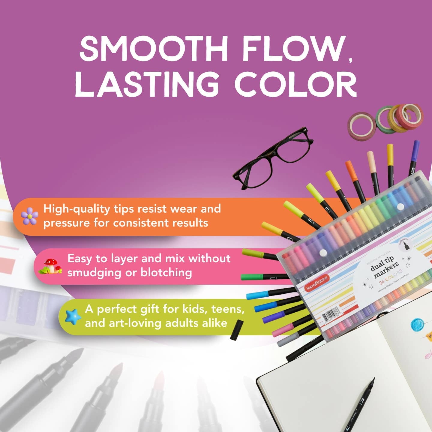 Dual Tip Markers Set, 24 Colors, Fine Tip, No Bleed, Art Drawing Coloring - Image 4