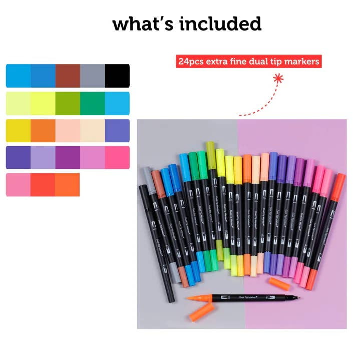 Dual Tip Markers Set, 24 Colors, Fine Tip, No Bleed, Art Drawing Coloring - Image 2