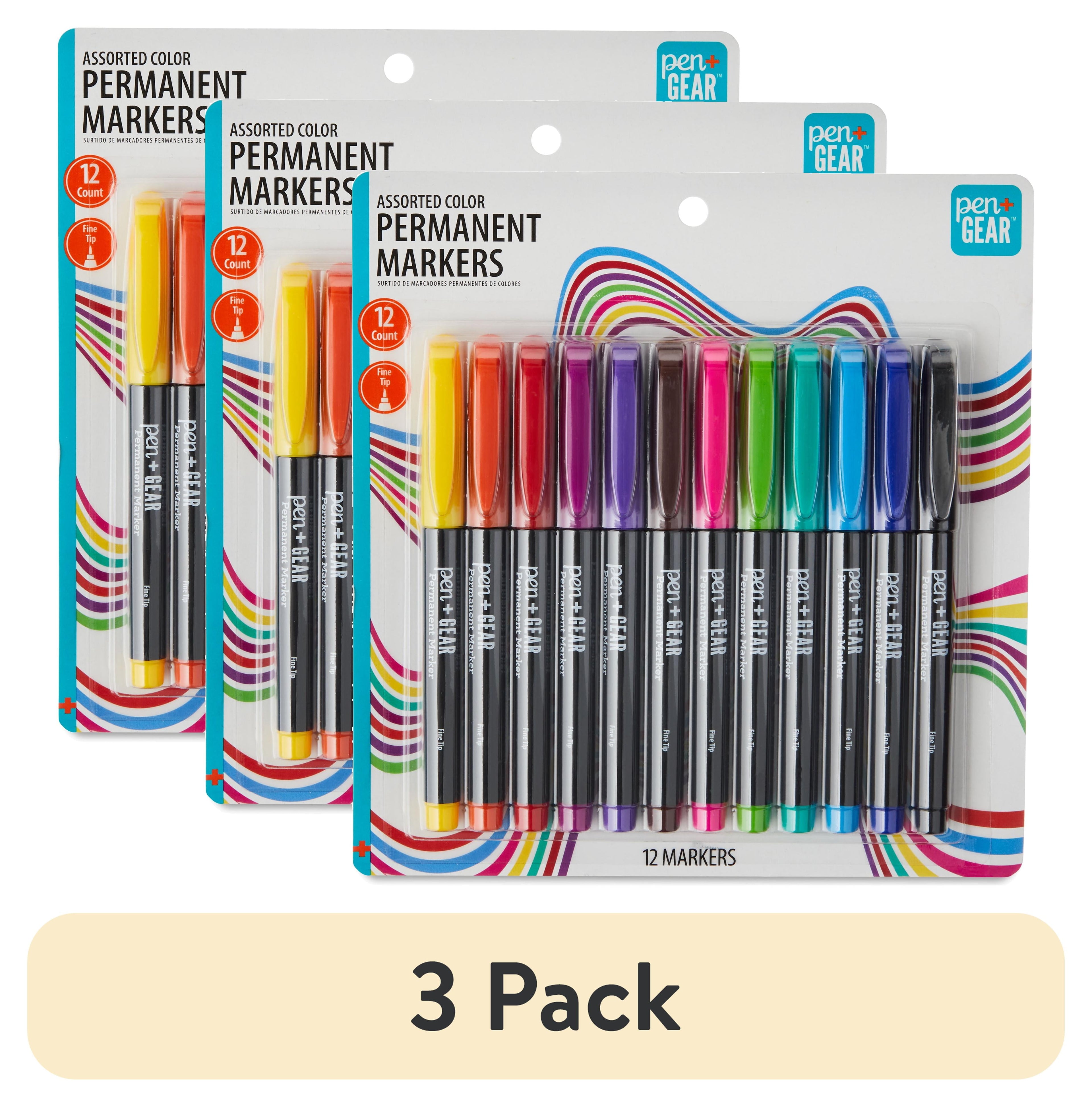 (3 pack) Permanent Markers, Fine Tip, Assorted Colors, 12 Count