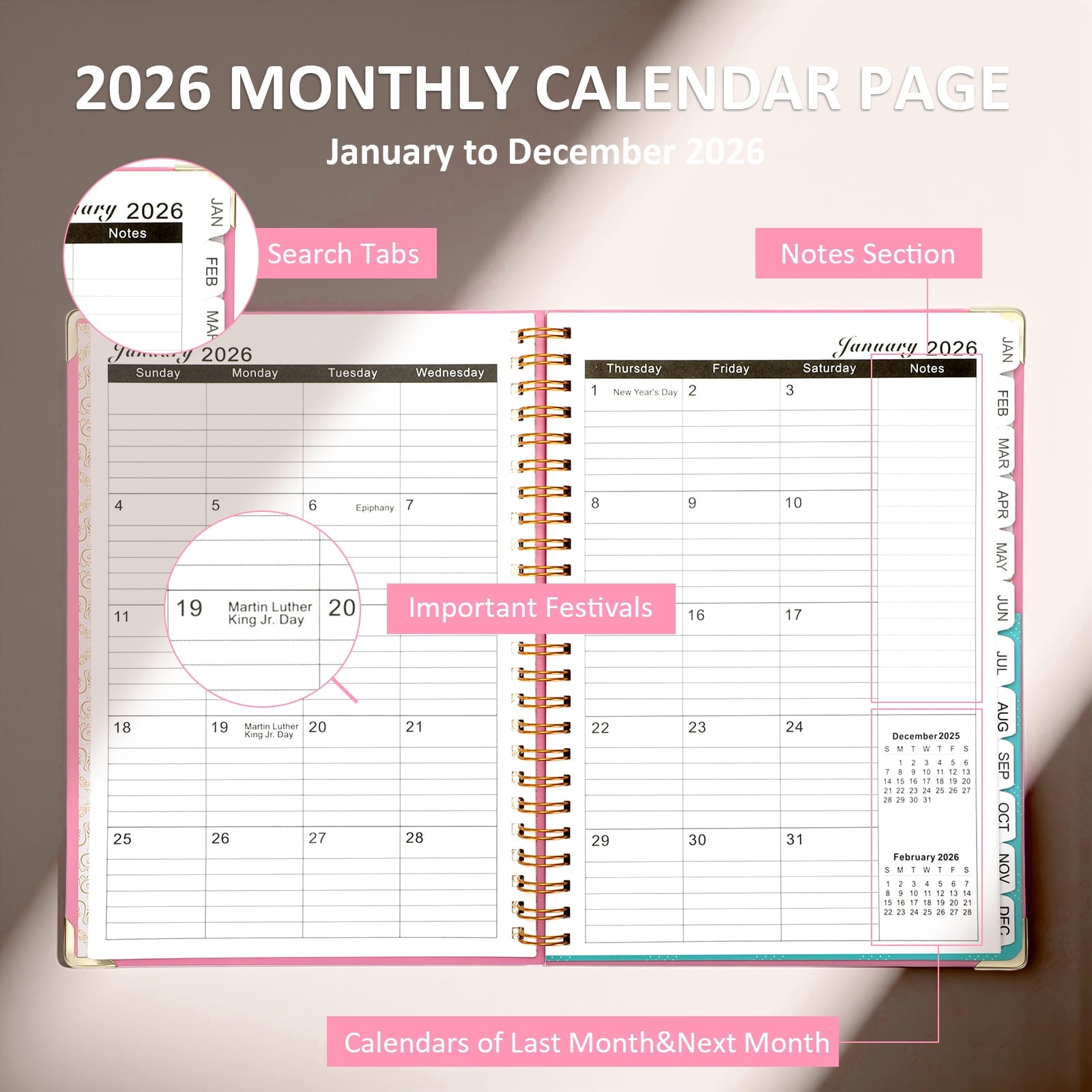 2026 Planner(Jan-Dec.2026,6.3"x8.5"),Annual Weekly Monthly Planner with Calendar Tabs,Agenda Schedule Planner for Sch... - Image 3