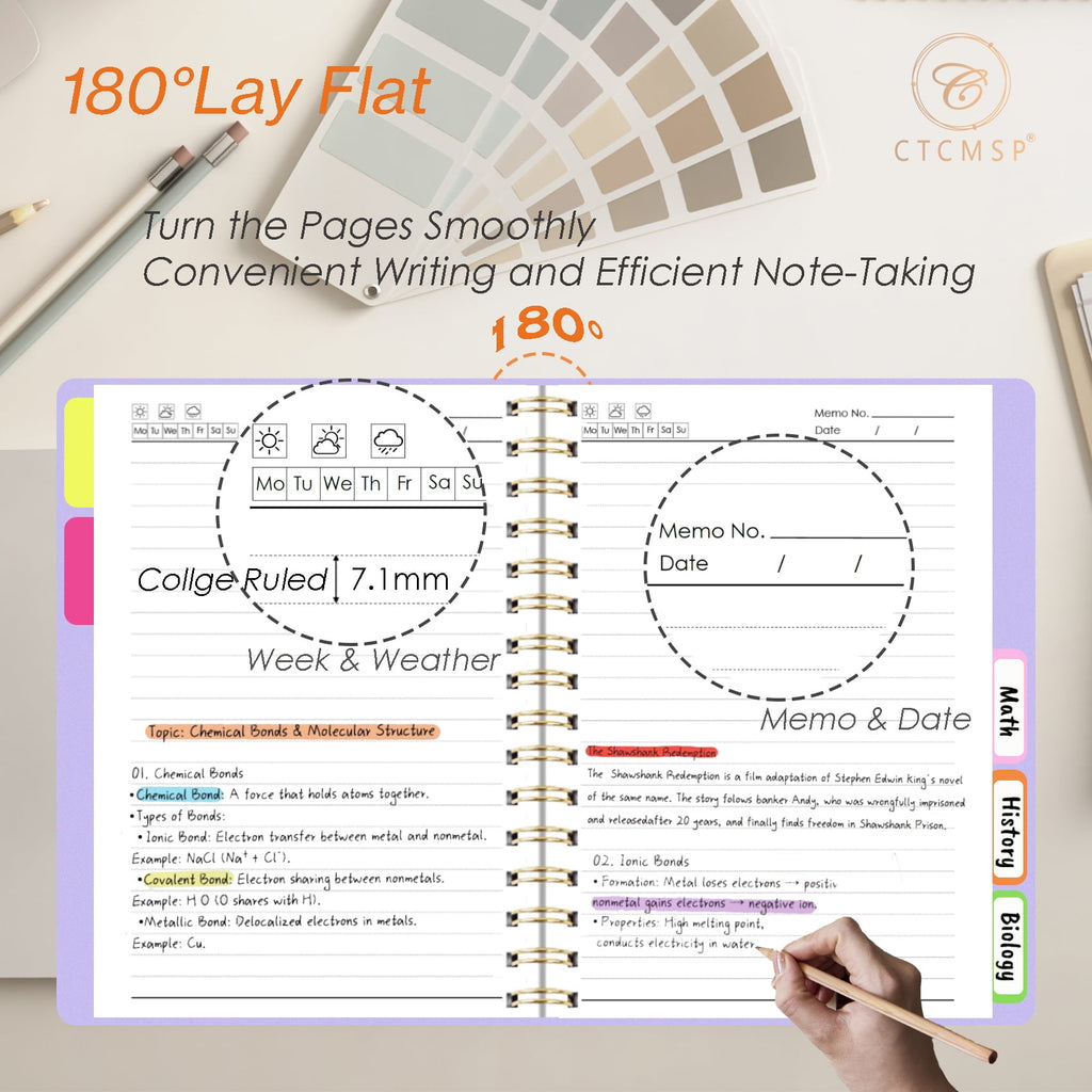 5 Subject Spiral Notebook with Removable Dividers Tabs Hardcover Notebook Journal for Women Men,Perfect for Academic Supplies,College Ruled, - Image 3