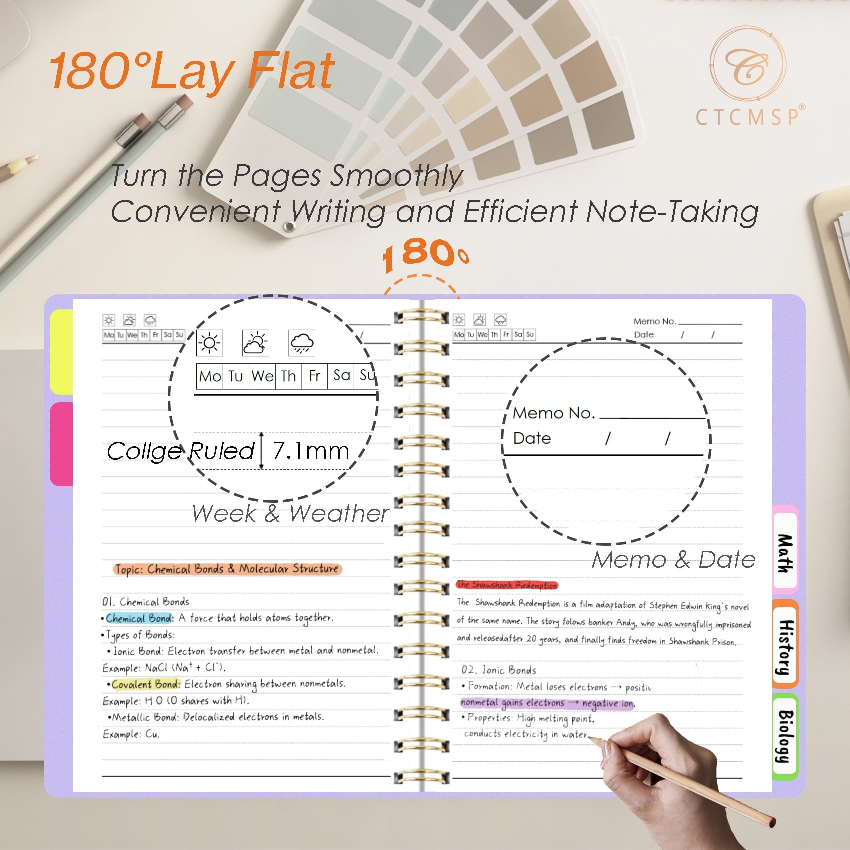 5 Subject Spiral Notebook with Removable Dividers Tabs Hardcover Notebook Journal for Women Men,Perfect for Academic Supplies,College Ruled, - Image 3