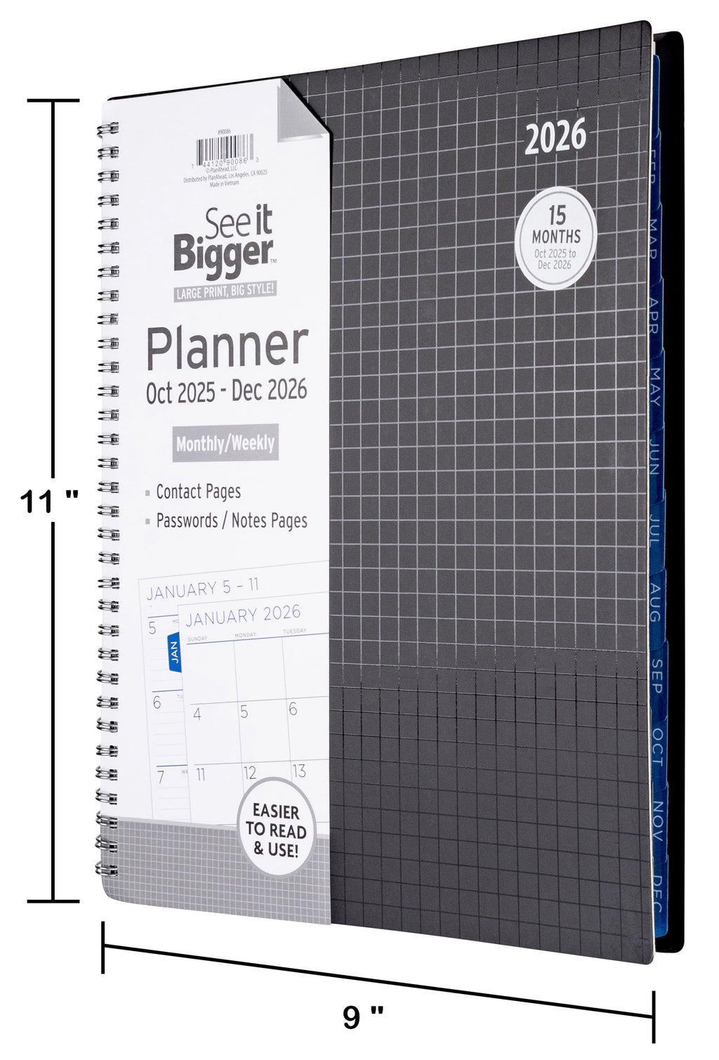 Monthly Weekly Planner Large (9" x 11") Black 15-Month, Oct 2025-Dec 2026 - Image 3