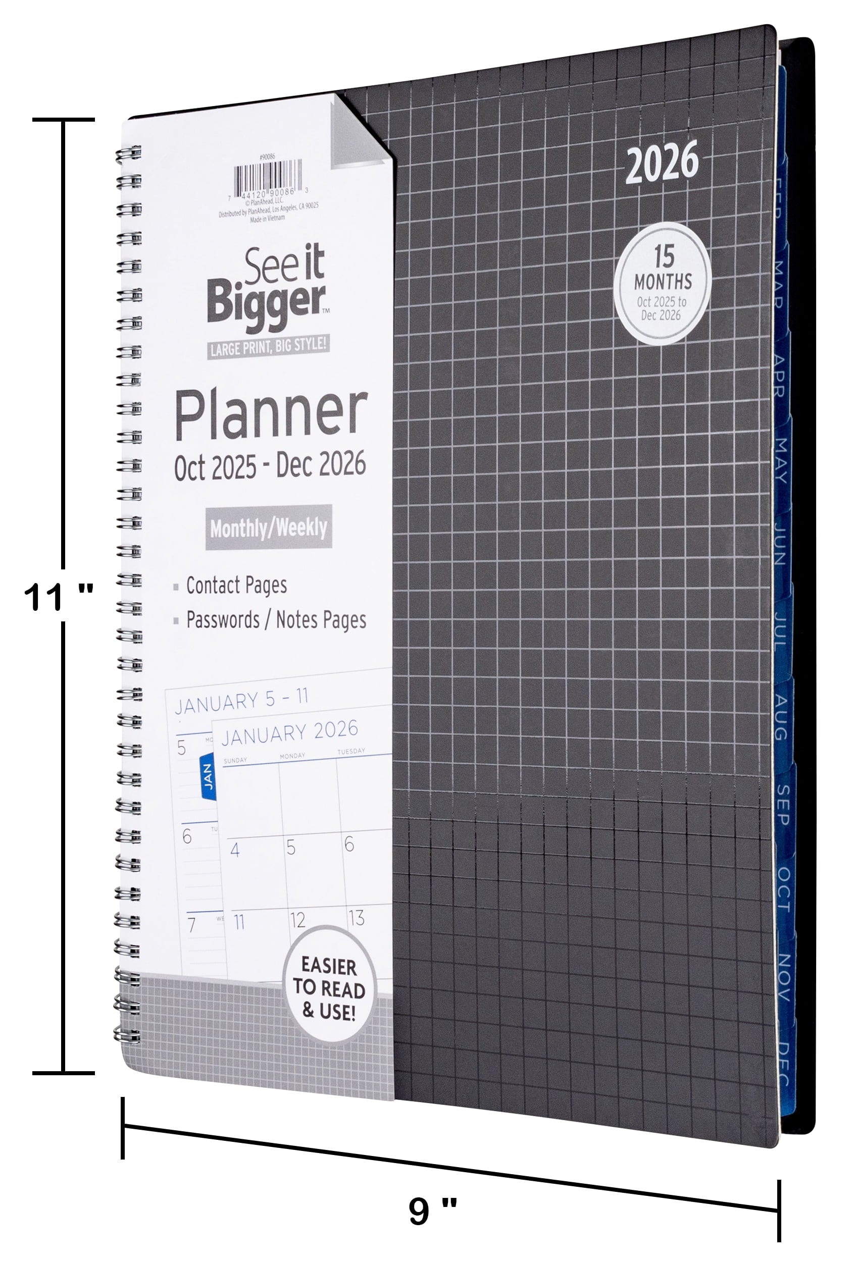 Monthly Weekly Planner Large (9" x 11") Black 15-Month, Oct 2025-Dec 2026 - Image 3