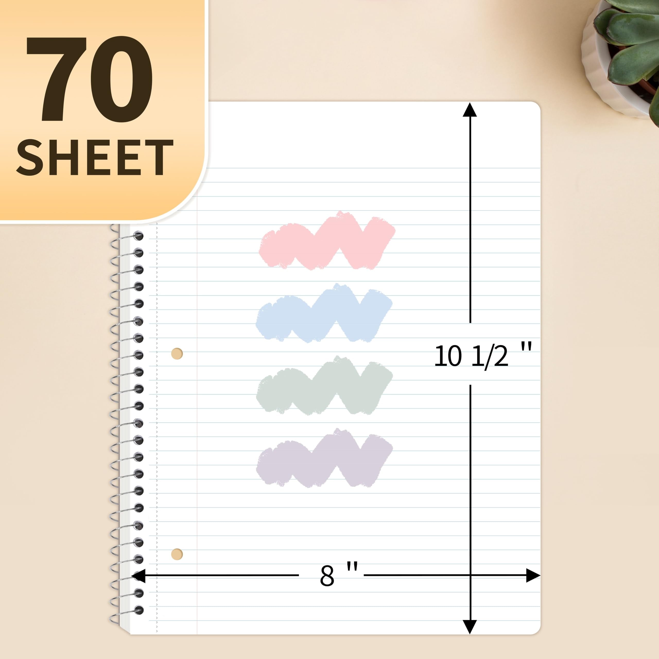 SUNEE College Ruled Spiral Notebook, Thick Durable 1-Subject notebook,8 x 10.5 Inches, 70 Sheets, 4 Packs - Image 2