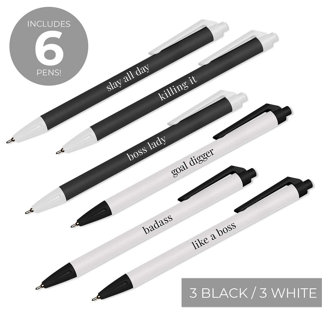 Black And White Female Empowerment Pen Set / 6 Black Ink Gel Glide Pens / Encouraging Boss Babe Office Supplies / Bos... - Image 2