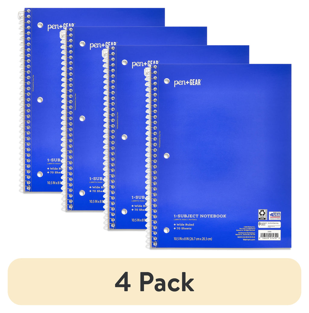 (4 pack) Wide Ruled 1-Subject Notebook, 8" x 10.5", Blue, 70 Sheets