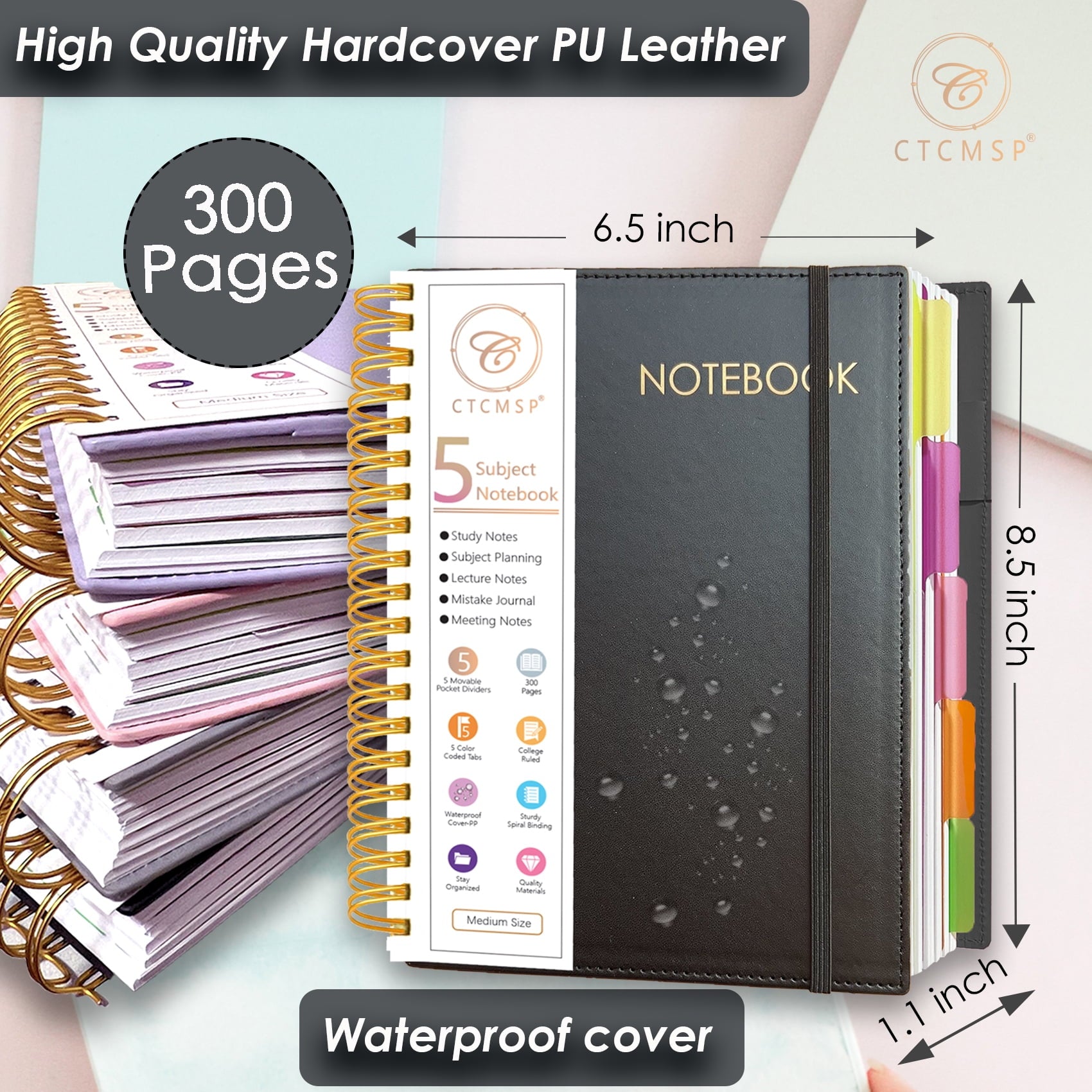 5 Spiral Notebook,Leather Hardcover Notebook with Removable Dividers Tabs,College Ruled Organizer Notebooks for Work ... - Image 5