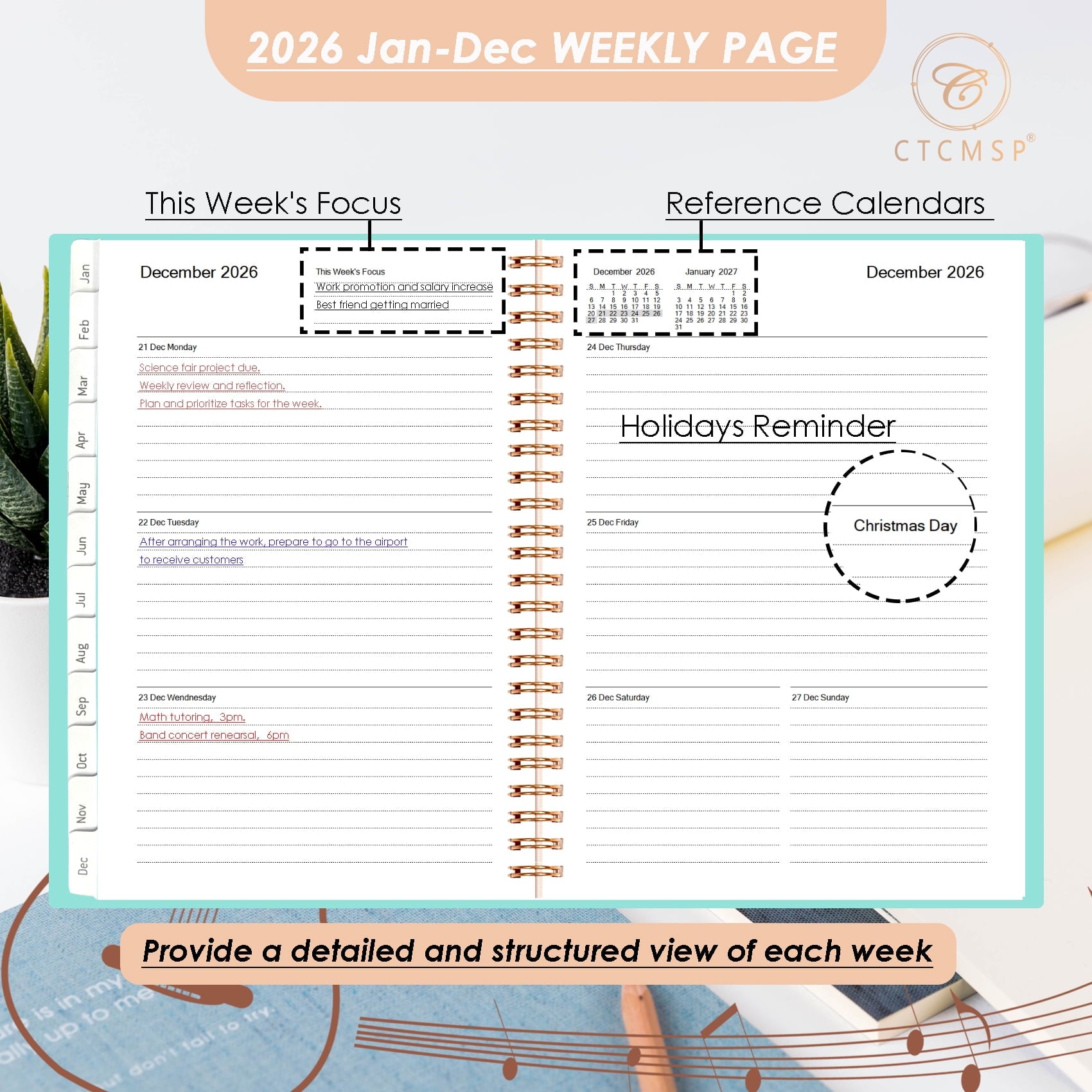 CTCMSP 2026 Planner Calendar Notebook Weekly Monthly Planner 2026 for School Student Teacher Office Supplies-January- December 2026(6.3"X8.5 - Image 2
