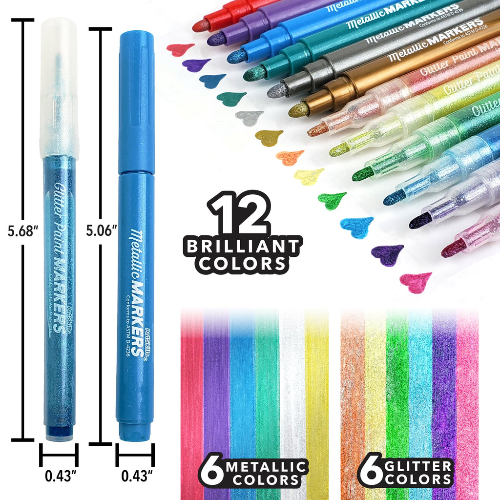 ArtSkills Metallic & Glitter Art Markers for Kids, 12 Pieces - Image 2