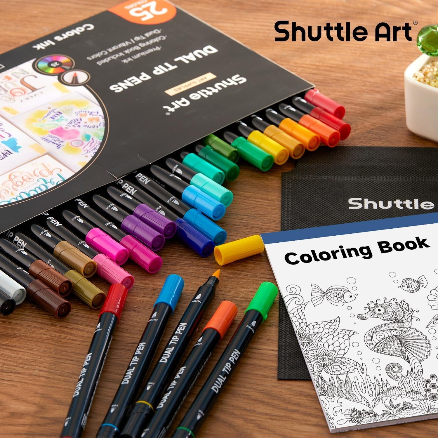 Dual Tip Brush Marker Pens, Shuttle Art 25 Colors Water-based Ink, Fine and Brush Tip Marker Set with 1 Coloring Book for Adult Artist Calli - Image 5