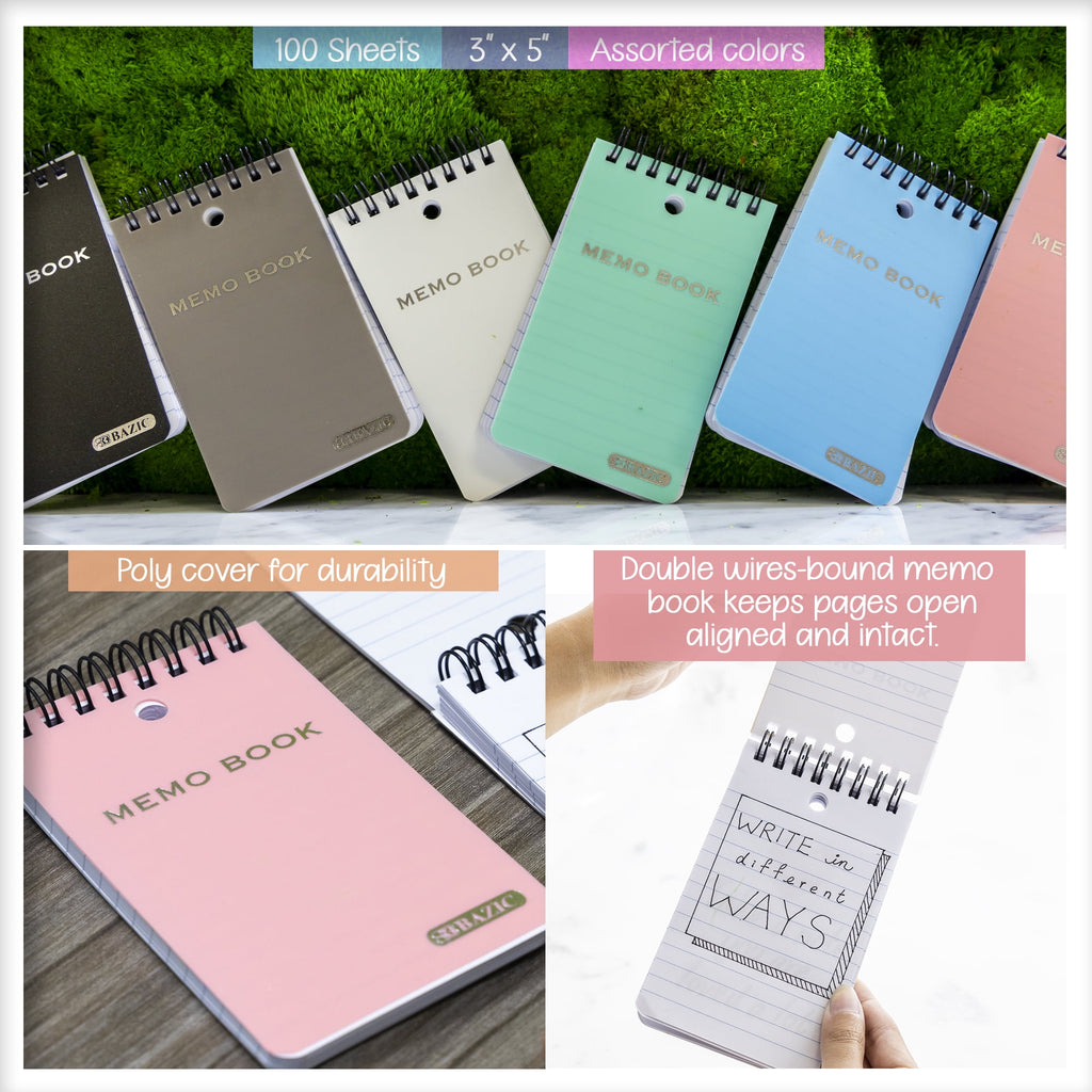 BAZIC Small Notebook Memo Book 3"x5" Spiral Pocket Size Pad, Pastel Color 100 Sheets, 6-Pack - Image 5