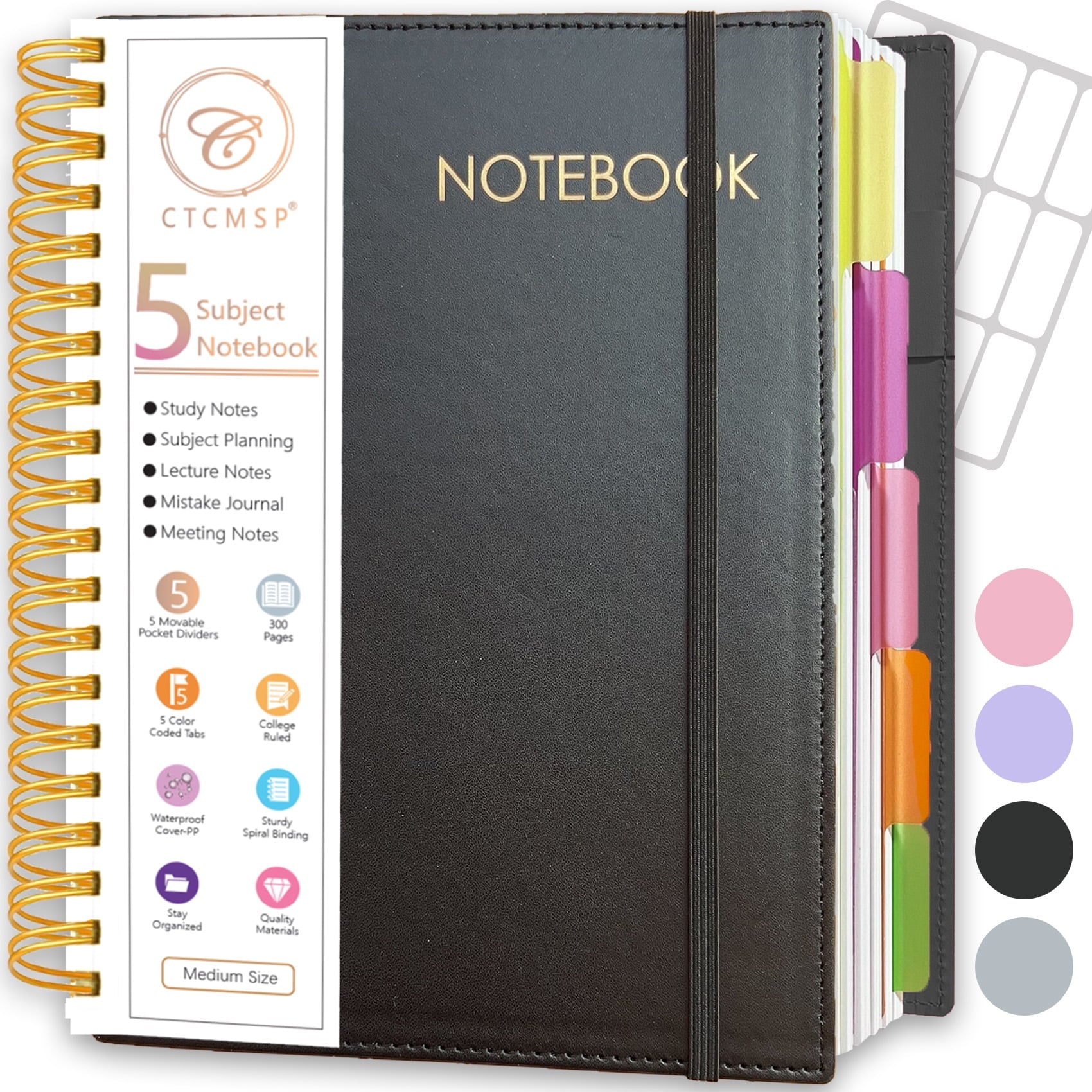 5 Spiral Notebook,Leather Hardcover Notebook with Removable Dividers Tabs,College Ruled Organizer Notebooks for Work ...
