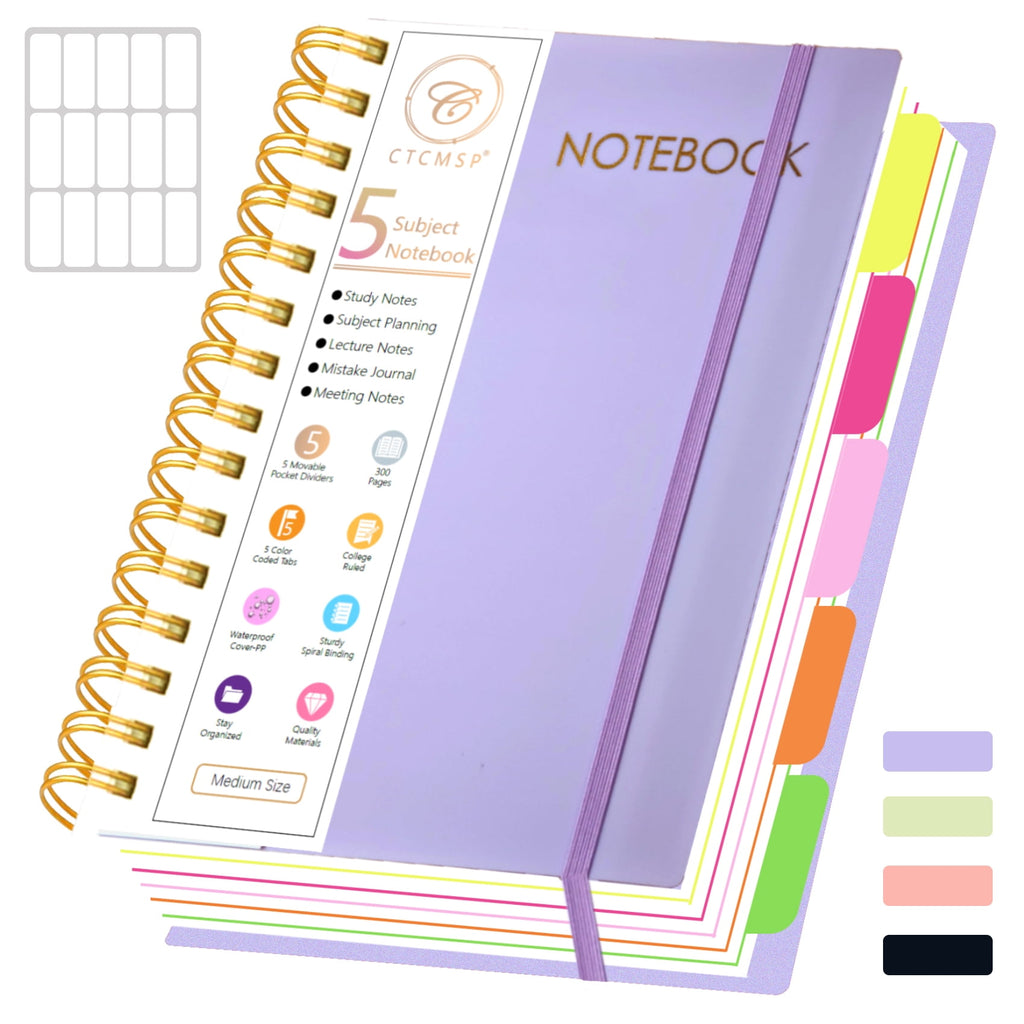 5 Subject Spiral Notebook with Removable Dividers Tabs Hardcover Notebook Journal for Women Men,Perfect for Academic Supplies,College Ruled,