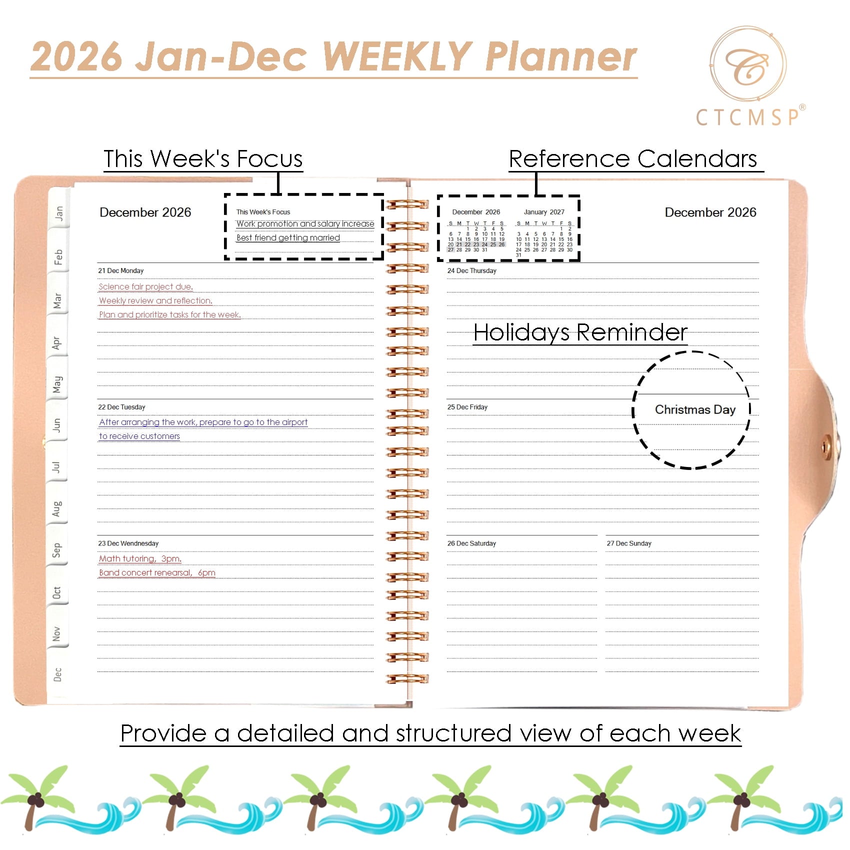 CTCMSP 2026 Planner Yearly Calendar Notebook(Jan-Dec.2026,6.3"x8.5"),Weekly Monthly Planner 2026 for Office Home Work Gift Supplies-Leather - Image 2