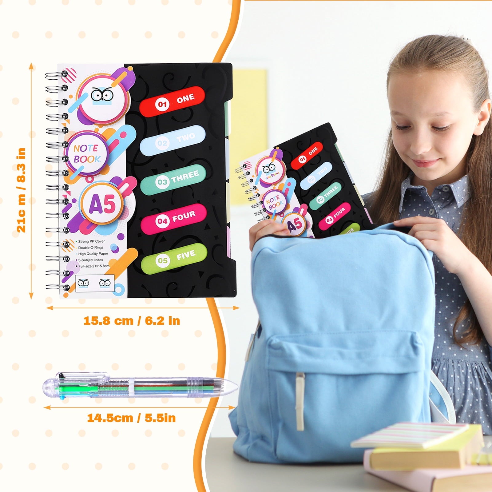 Spiral Notebook, 5 Subject College Ruled A5 Notebook with 5 Colored Tabs and 6-in-1 Pen,Black - Image 2
