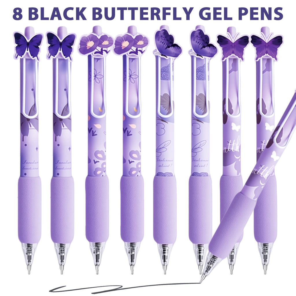 8 Pcs Purple Butterfly Pens Cute Retractable Gel Pens 0.5mm Black Ink Writing Pen for Women Men Pen Set Office Home S... - Image 2