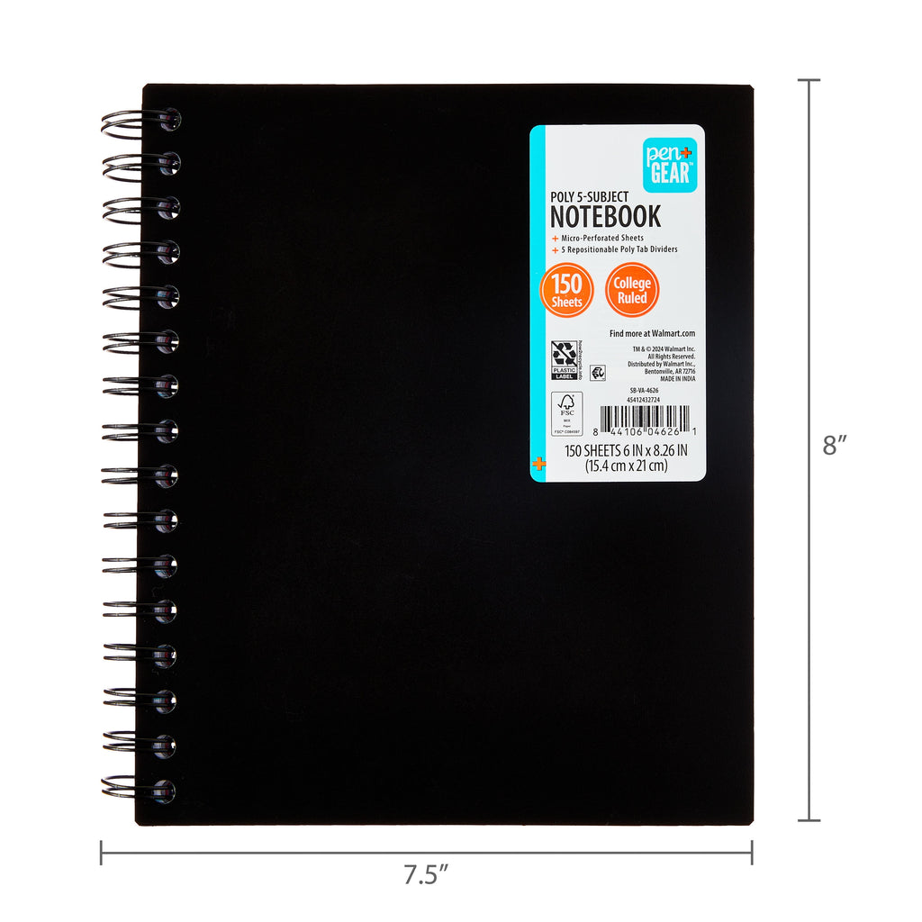 College Ruled 5-Subject Poly Notebook, 6" x 8.26", Black, 150 Sheets - Image 6