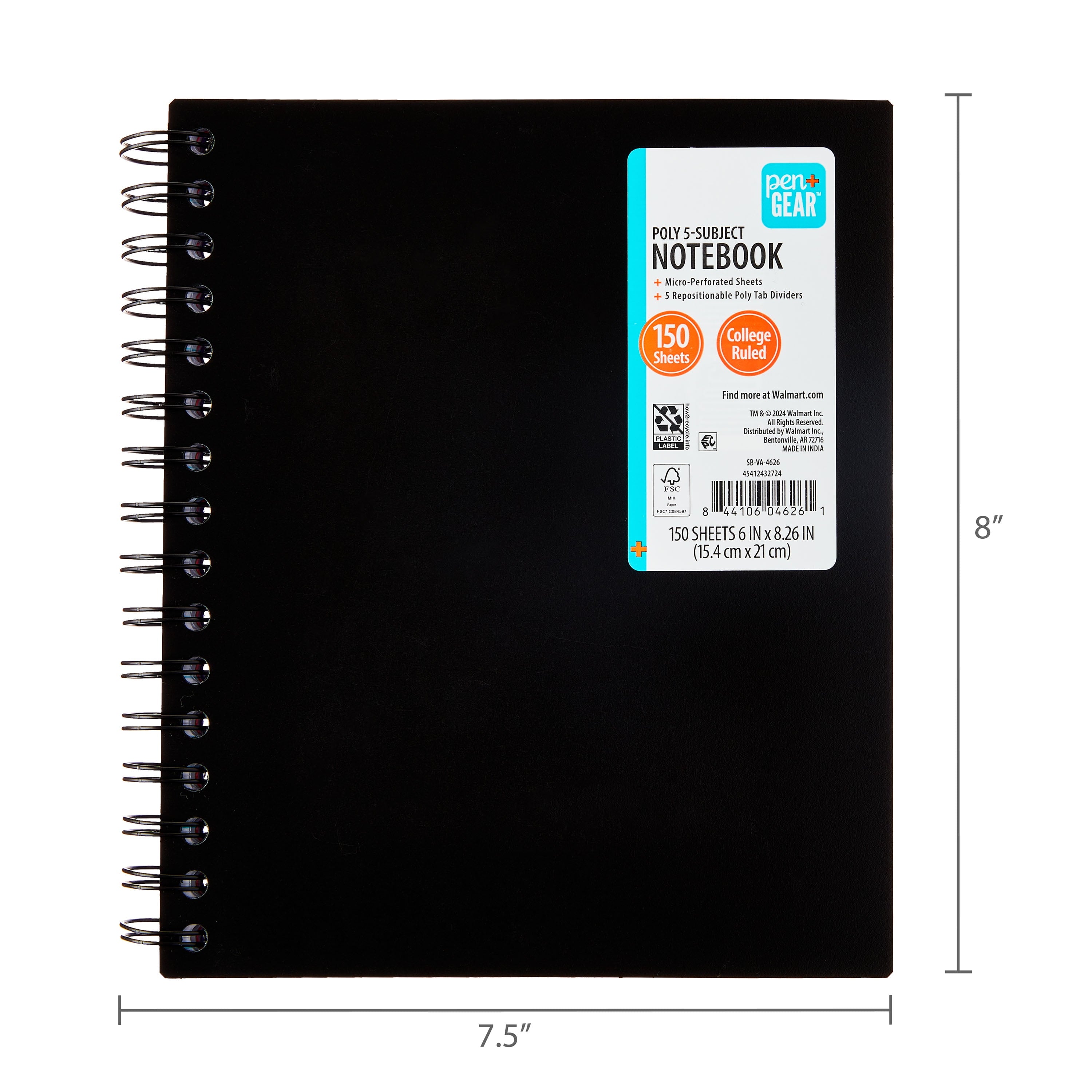College Ruled 5-Subject Poly Notebook, 6" x 8.26", Black, 150 Sheets - Image 6