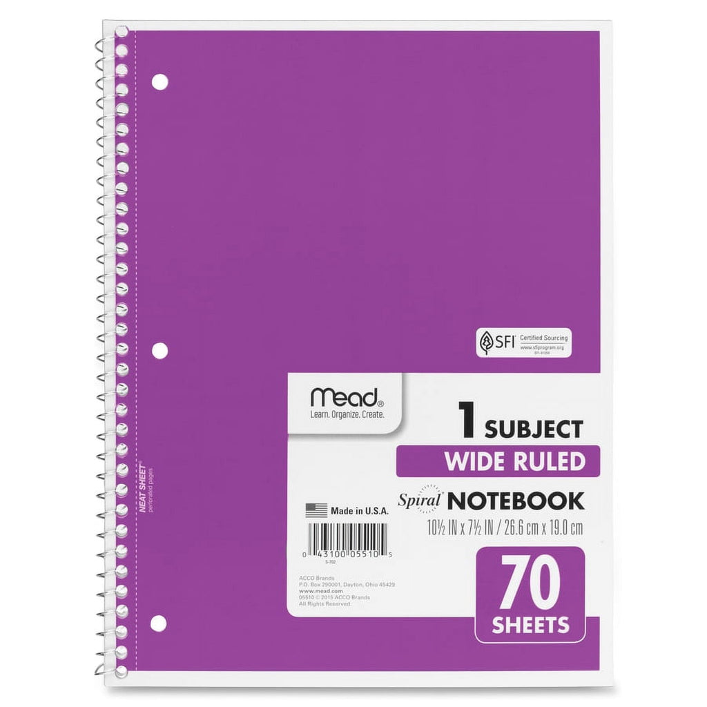 Spiral Notebook, 1 Subject, Wide Ruled, 70 Sheets, Assorted (05510) - Image 4