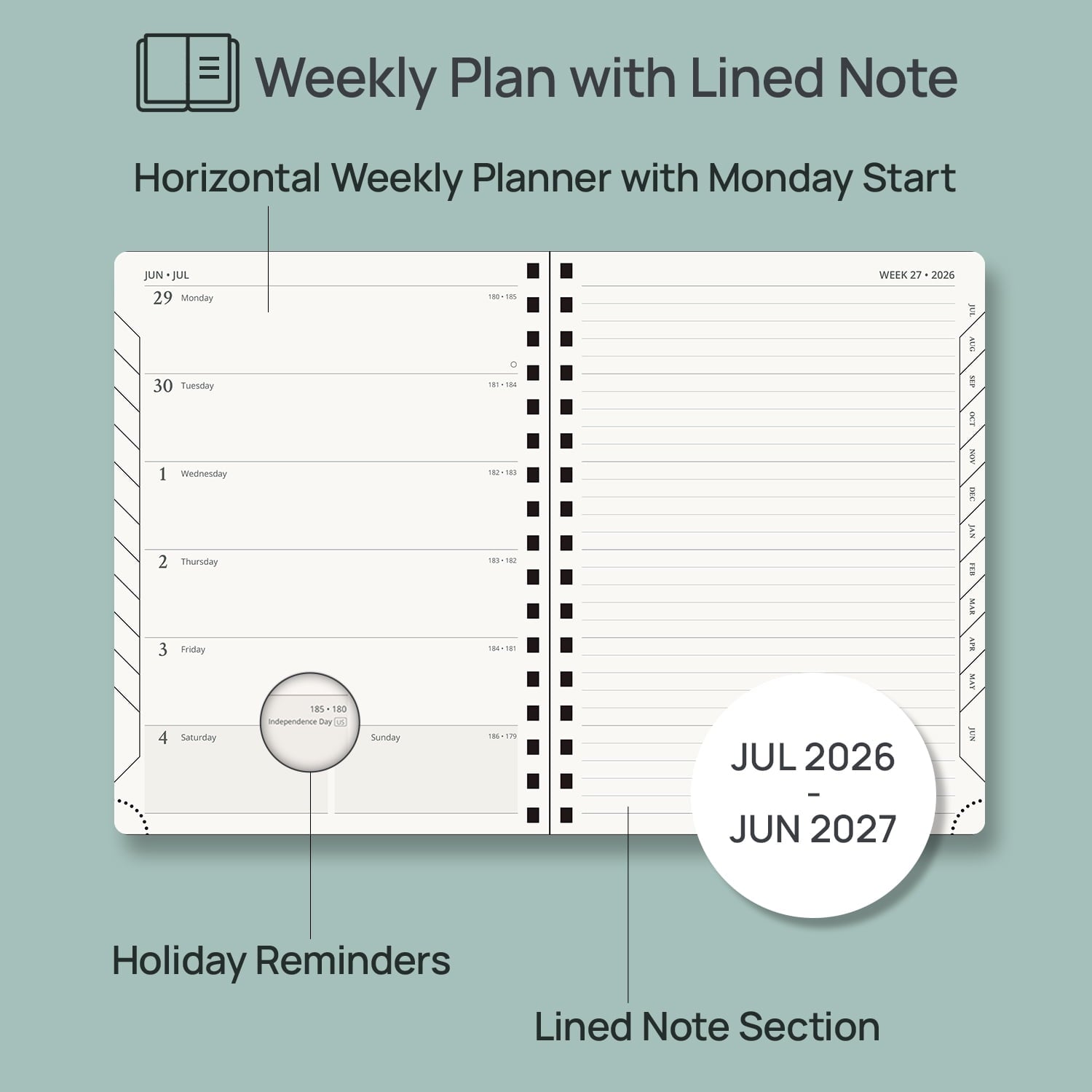 POPRUN Planner 2026-2027, Weekly and Monthly Academic Planner Calendar Notebook, Jul.26-Jun.27, 6.5" x 8.5", Inner Pocket, Monthly Tabs, Spi - Image 4