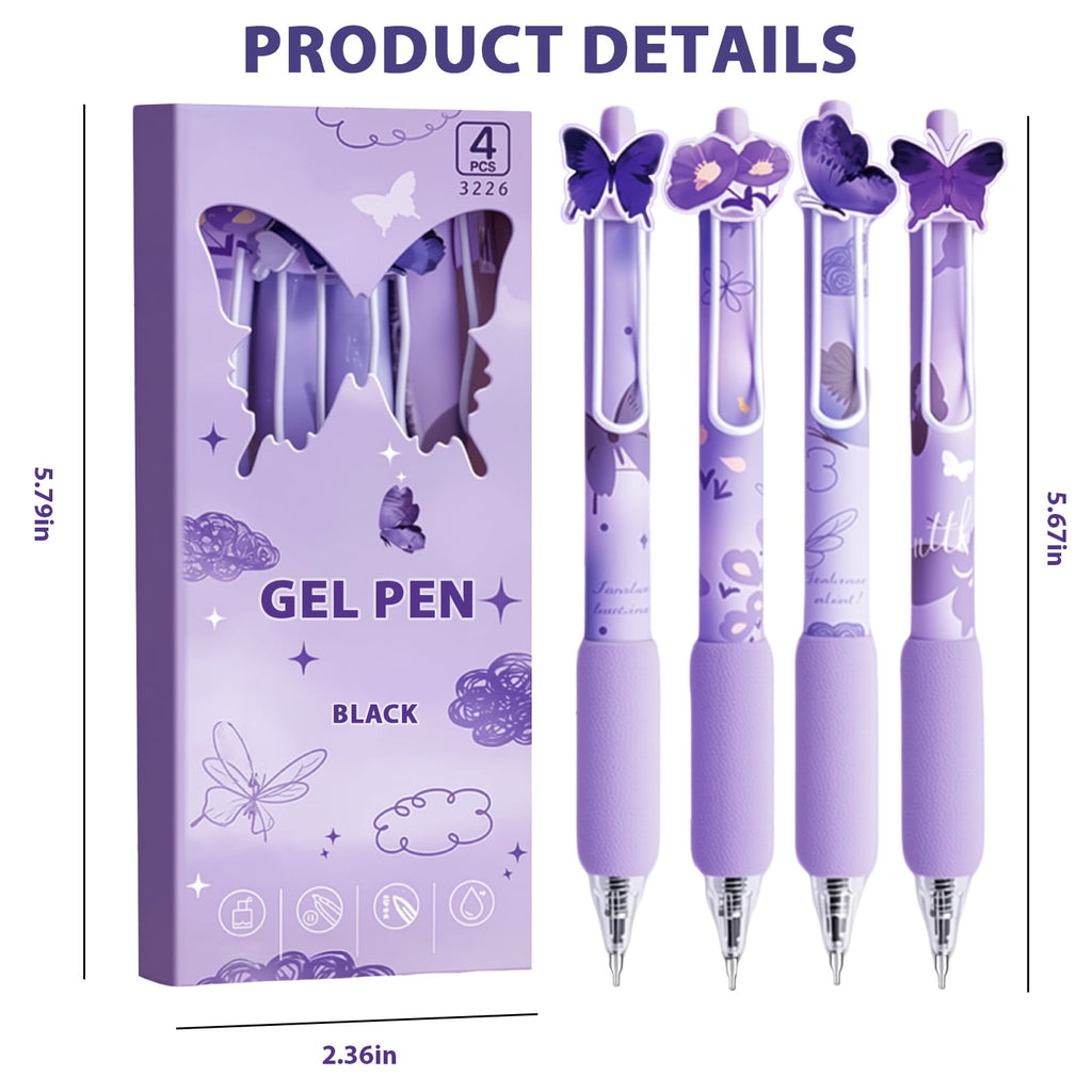 8 Pcs Purple Butterfly Pens Cute Retractable Gel Pens 0.5mm Black Ink Writing Pen for Women Men Pen Set Office Home S... - Image 3