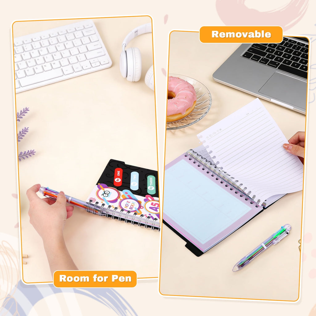 Spiral Notebook, 5 Subject College Ruled A5 Notebook with 5 Colored Tabs and 6-in-1 Pen,Black - Image 4