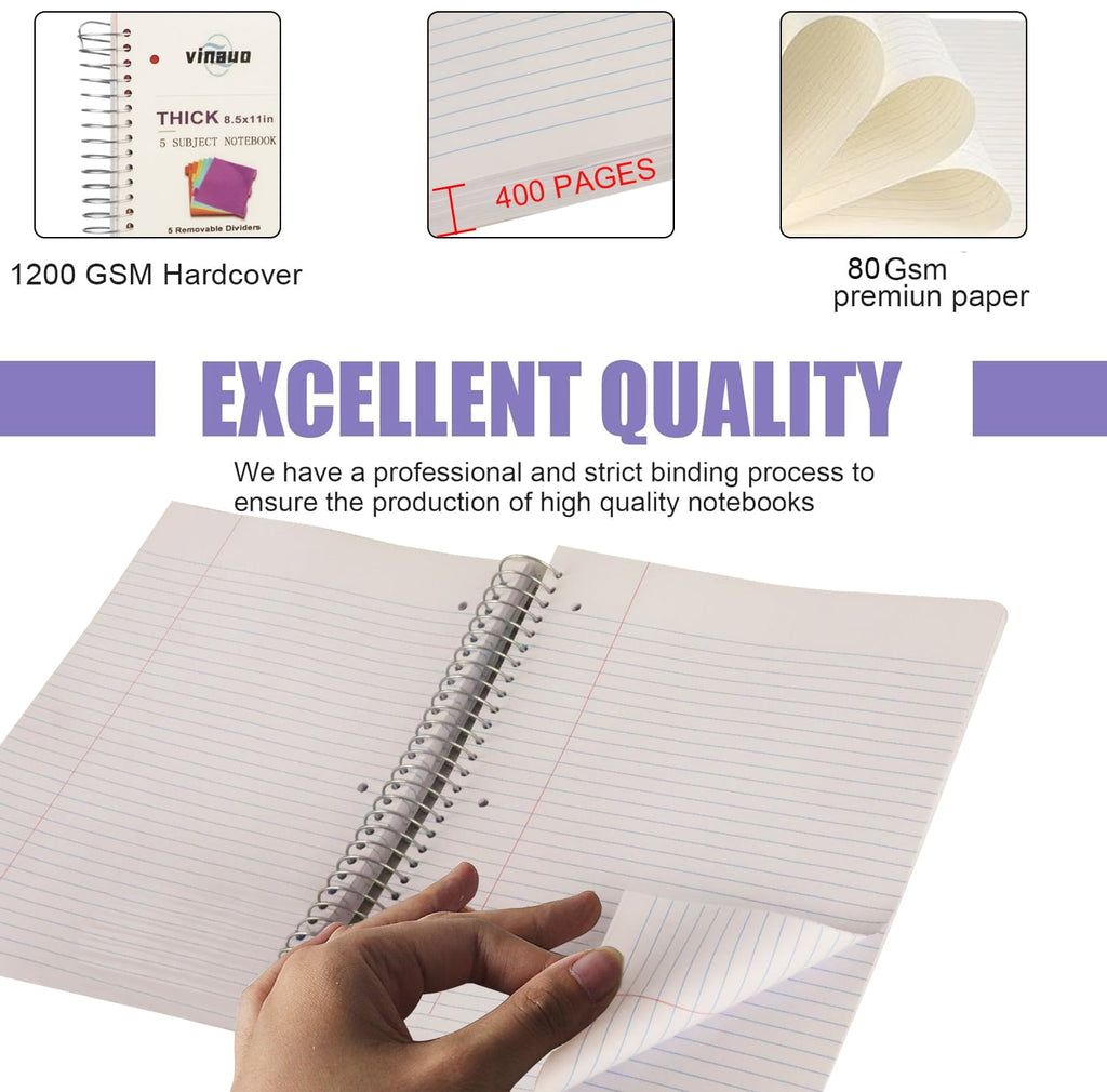 Spiral Notebook 8.5" x 11", 5 Subject Notebooks College Ruled with Removable Dividers, 400 Pages Thick Spiral Writing... - Image 6