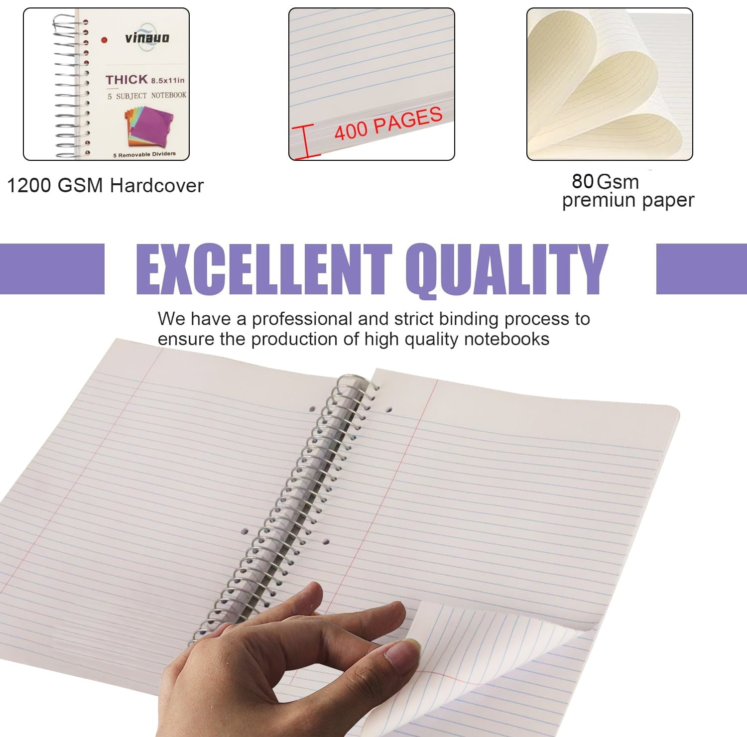 Spiral Notebook 8.5" x 11", 5 Subject Notebooks College Ruled with Removable Dividers, 400 Pages Thick Spiral Writing... - Image 6