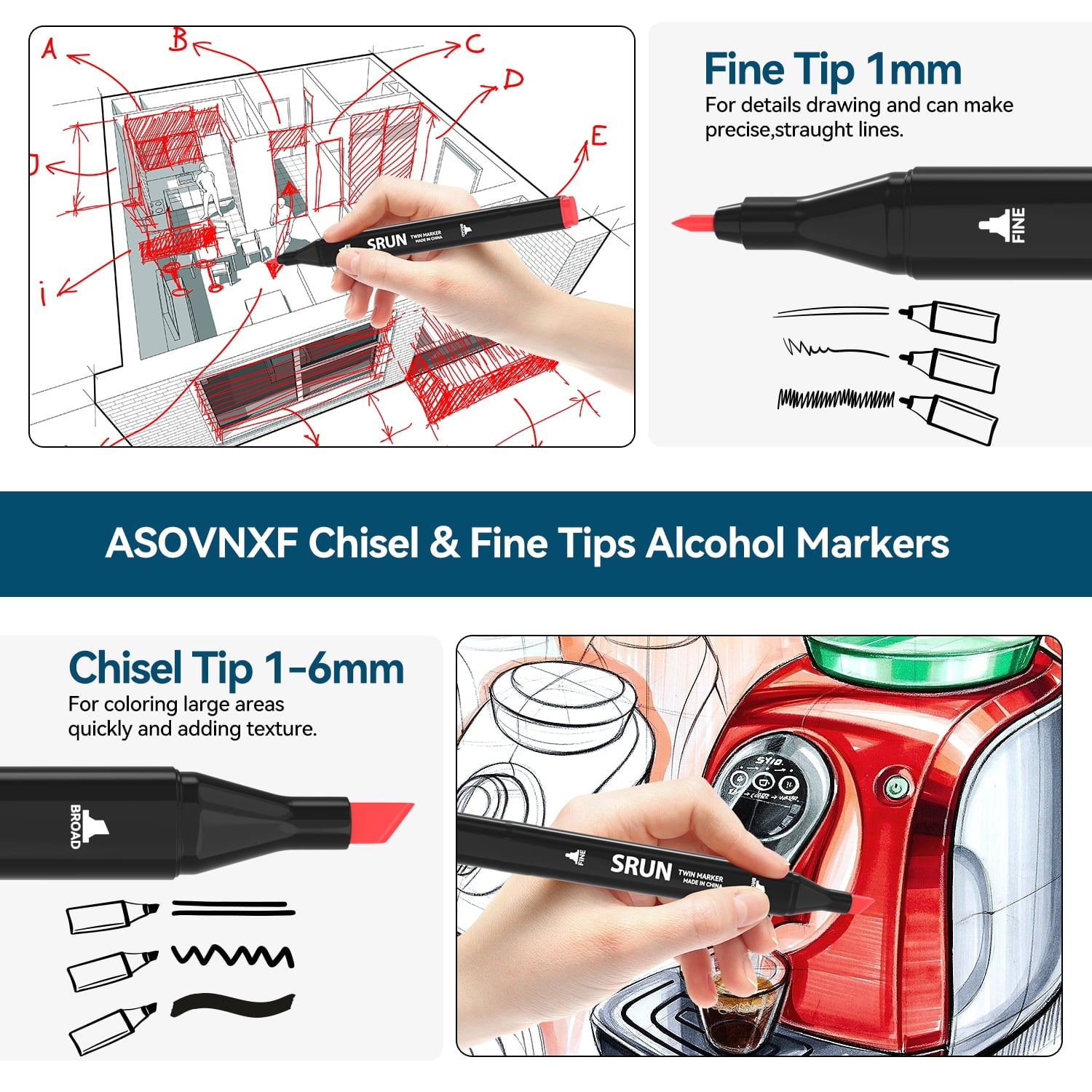 Alcohol Markers with Case, ASOVNXF 48 Colors Dual Brush Tips Coloring Markers,Permanent Art Markers for Adult Coloring Books, Art Supplies f - Image 4