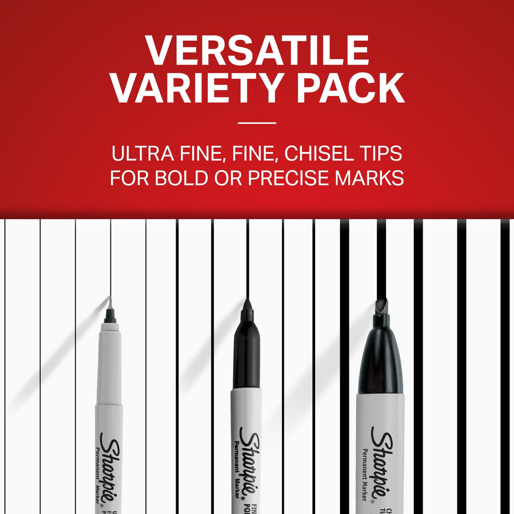 Sharpie Permanent Markers, Multi-Tip Pack, Fine/Ultra Fine/Chisel Tip, Black, 6 Count - Image 5