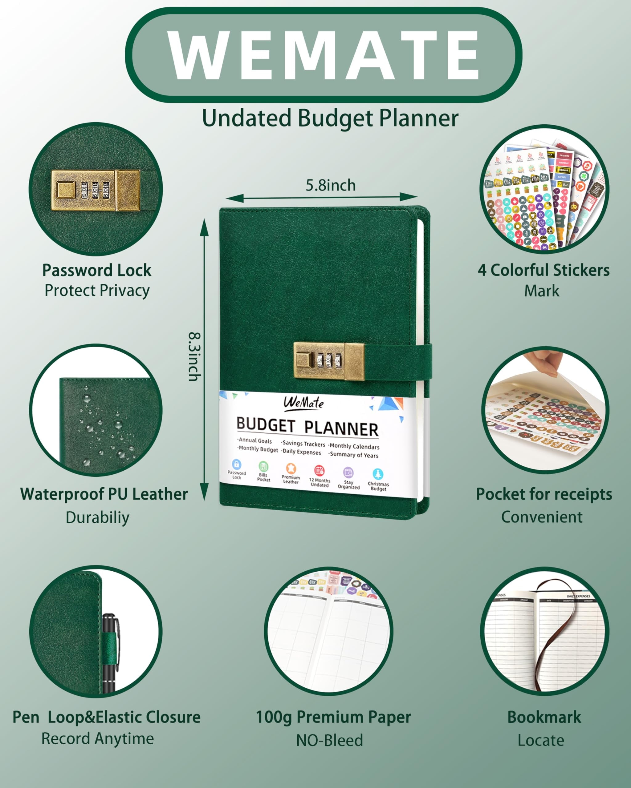 WEMATE Budget Planner - Monthly Budget Book with Lock, Undated Expense Tracker Notebook,Dark Green - Image 4