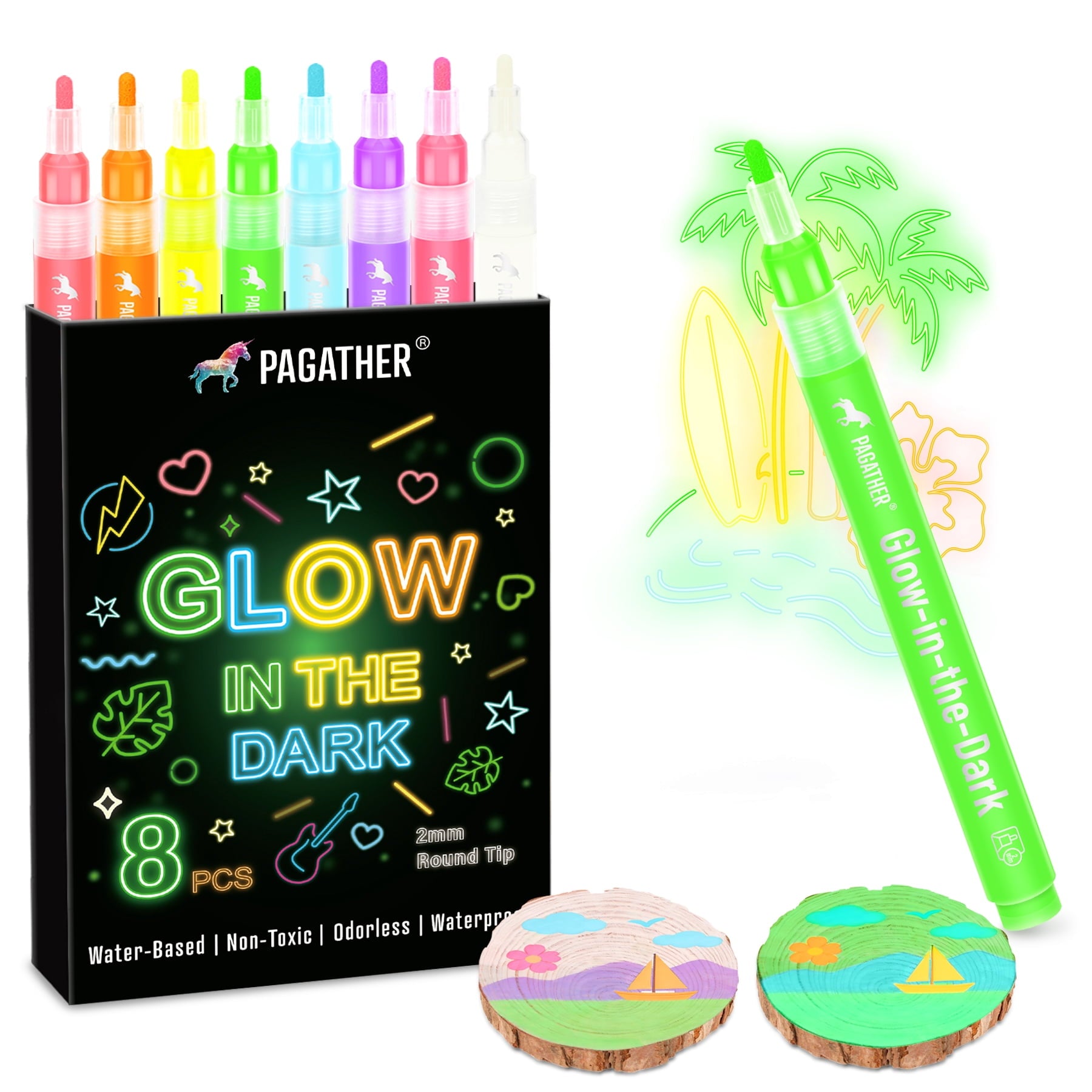 8 Colors Glow in the Dark Markers 2mm Round Tip Neon Fluorescent Paint Pens for Rock Painting, Fabric, Glass, Wood, a...