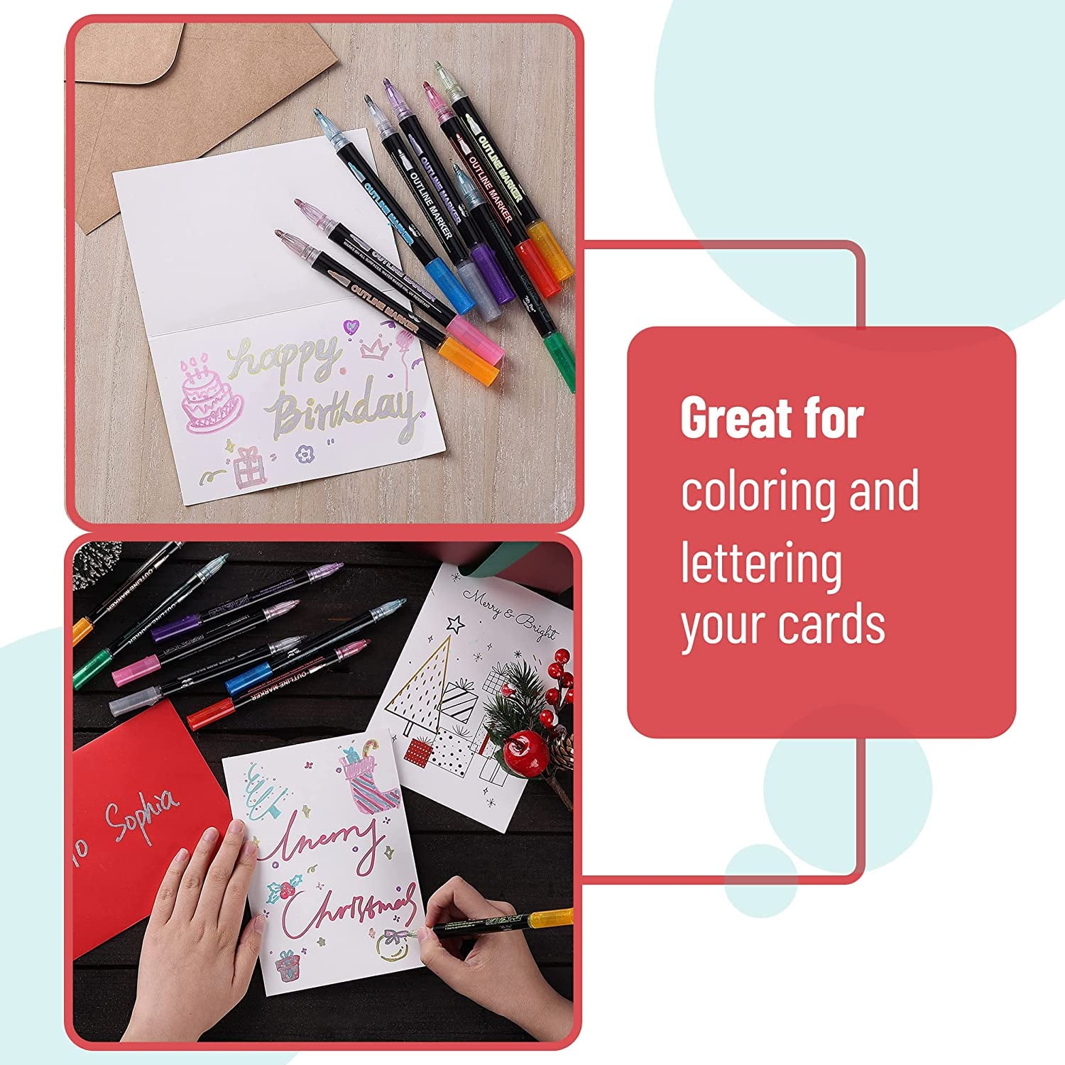 Double Line Outline Markers, 10 Colors, Shimmer Markers, Outline Markers Self-Outline Metallic Markers for All Ages - Image 5