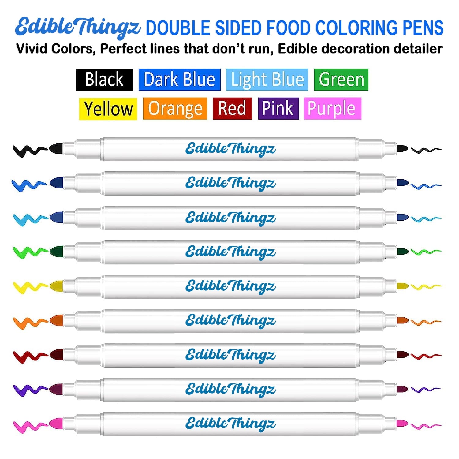 EdibleThingz Edible Food Coloring Markers, Dual Sided Tips, Edible Gourmet Writer with Fine & Wide Tip for Decorating Cookies, Cakes, Fondan - Image 4