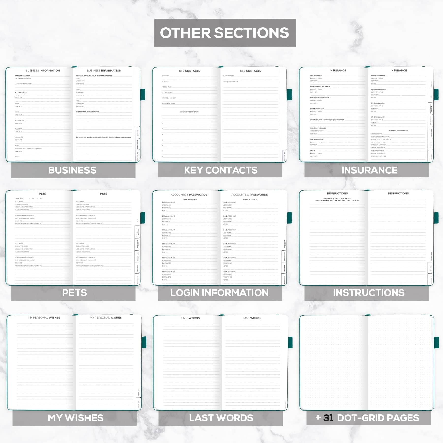 A5 End of Life Planner & Appointment Book, Dark Teal, 8" x 11", 360 Pages - Image 2