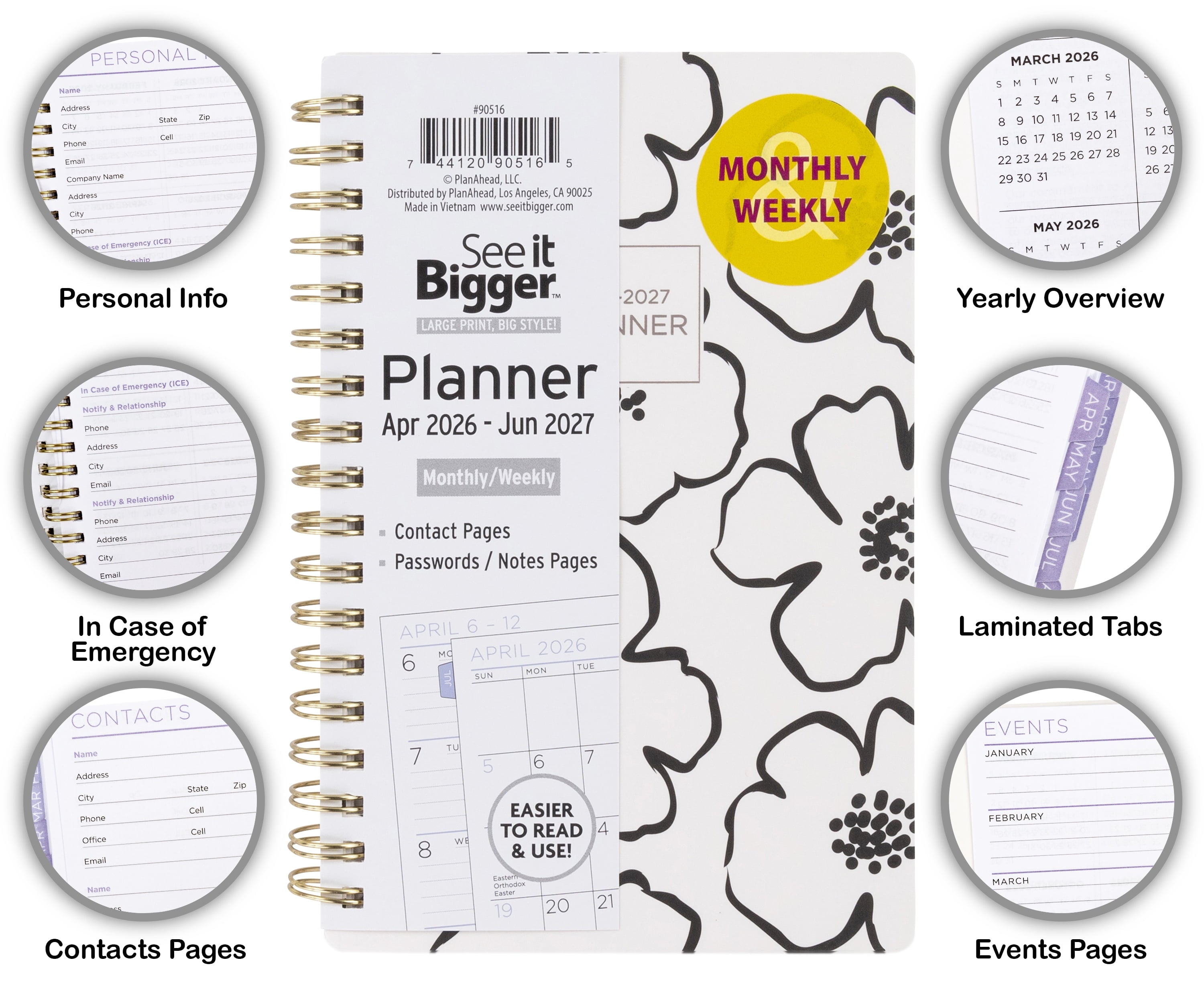 M/W Planner, Small (4.25" x 6.5"), Floral, 15-Month: Apr 2026 - Jun 2027 - Image 2
