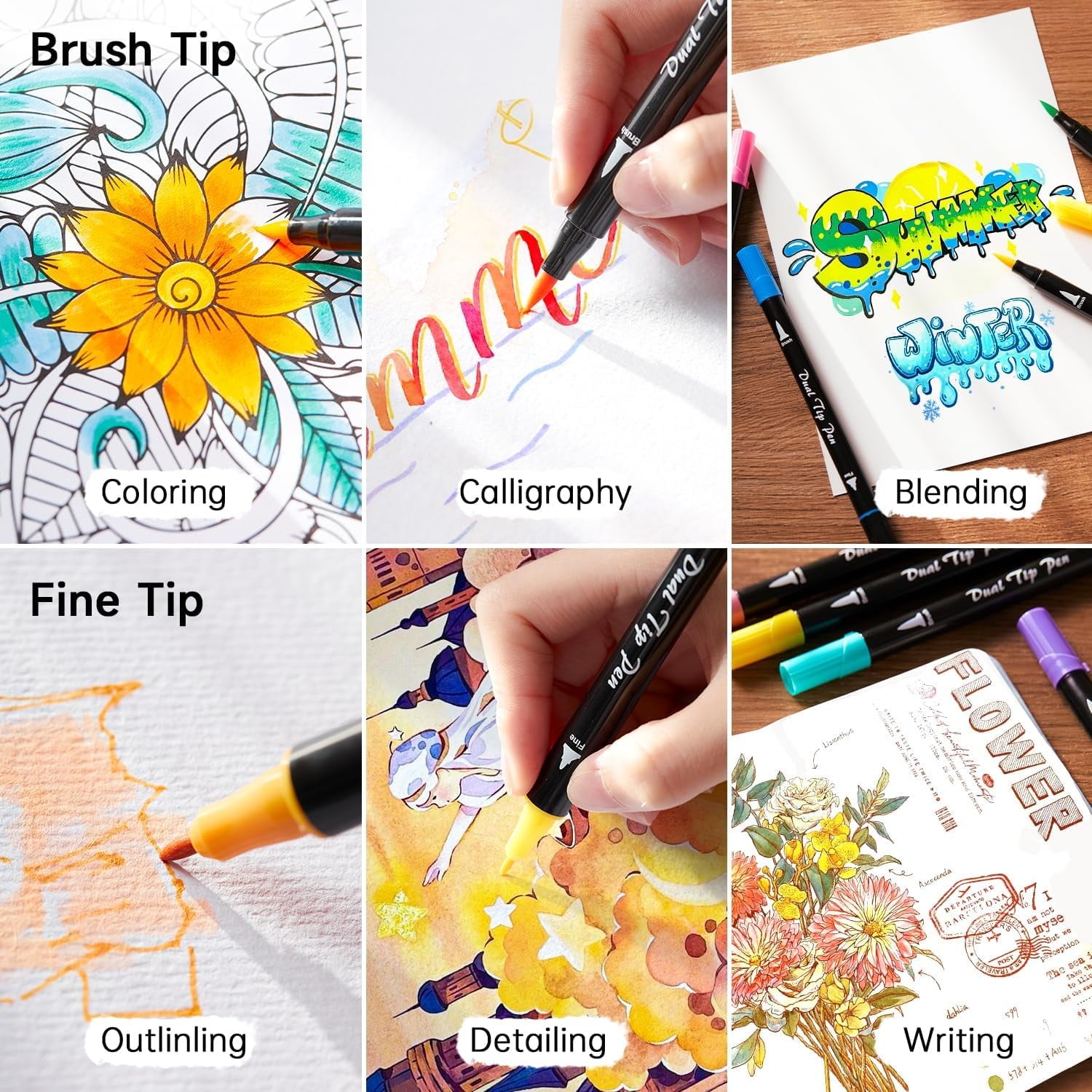 Dual Tip Brush Marker Pens, Shuttle Art 25 Colors Water-based Ink, Fine and Brush Tip Marker Set with 1 Coloring Book for Adult Artist Calli - Image 4