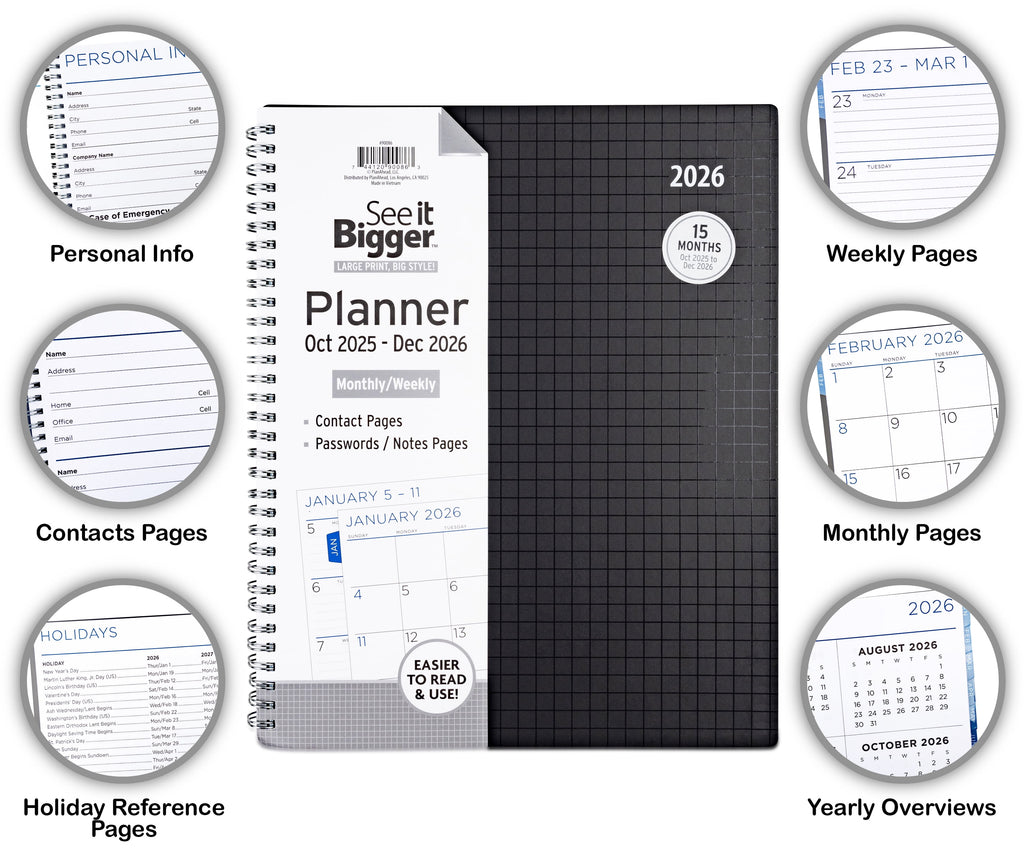 Monthly Weekly Planner Large (9" x 11") Black 15-Month, Oct 2025-Dec 2026 - Image 2