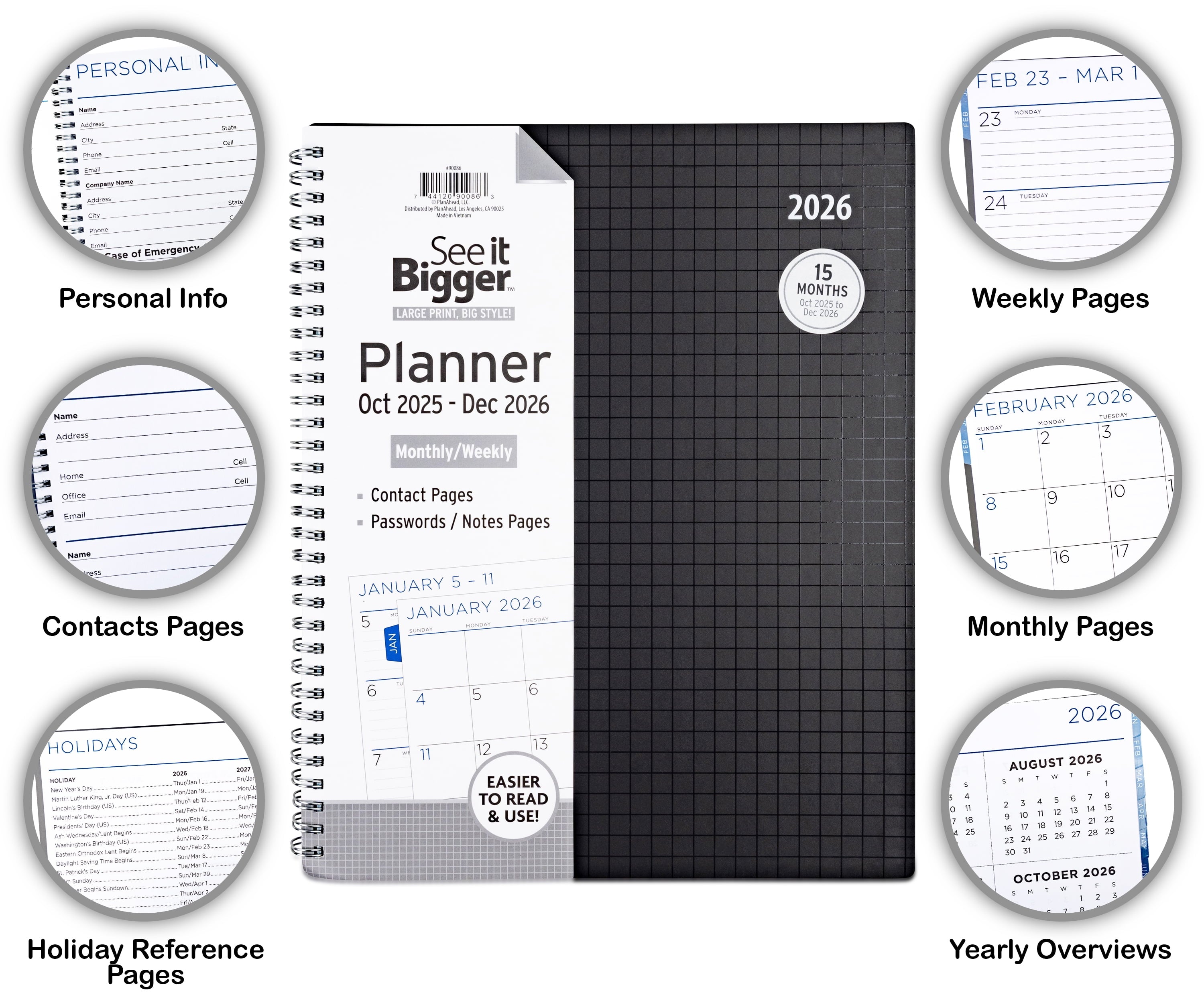 Monthly Weekly Planner Large (9" x 11") Black 15-Month, Oct 2025-Dec 2026 - Image 2