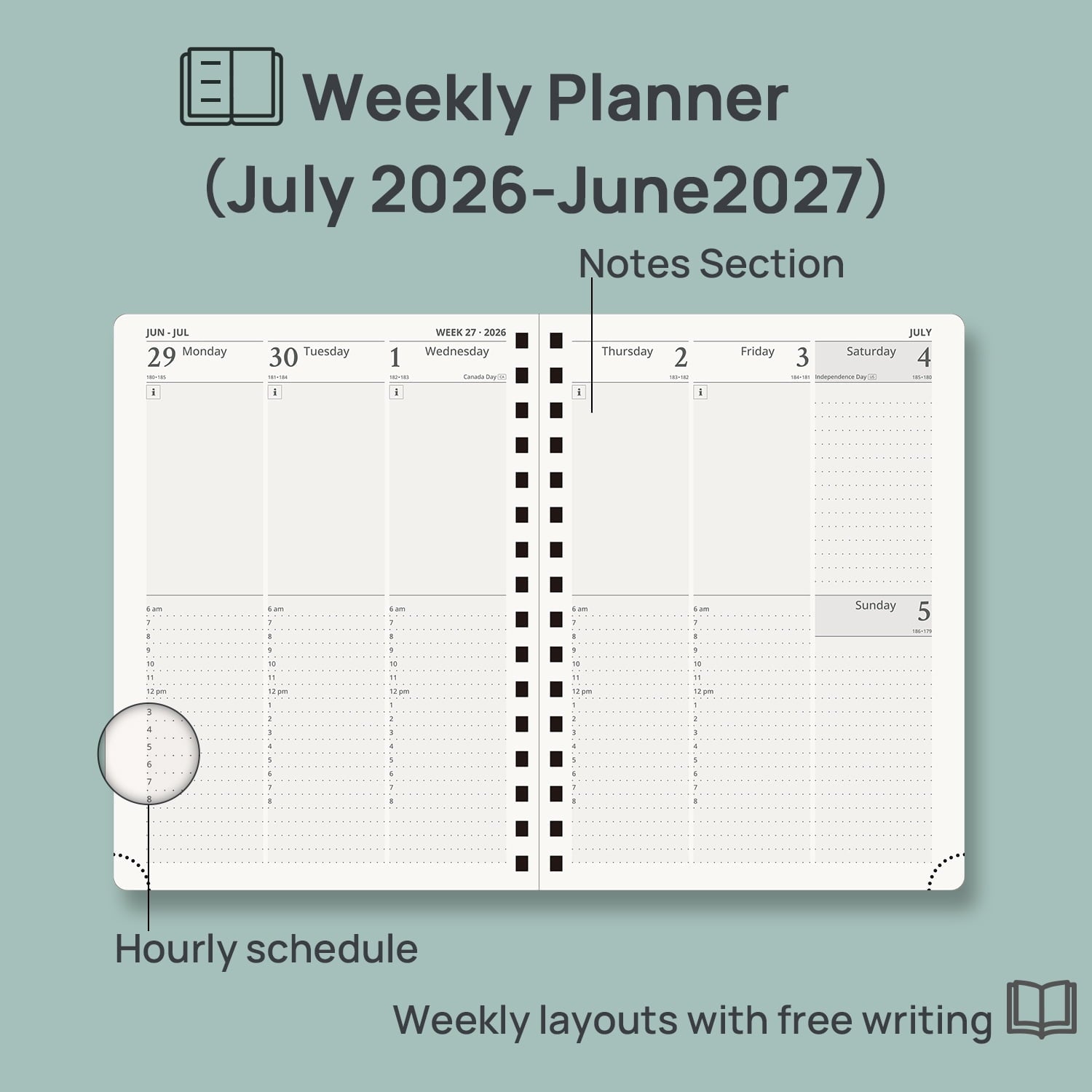 Academic Planner 2026-2027, 6.25" x 8.5", (Jul.26-Jun.27) Weekly and Monthly Calendar with Hourly Time Slots, Spiral ... - Image 3